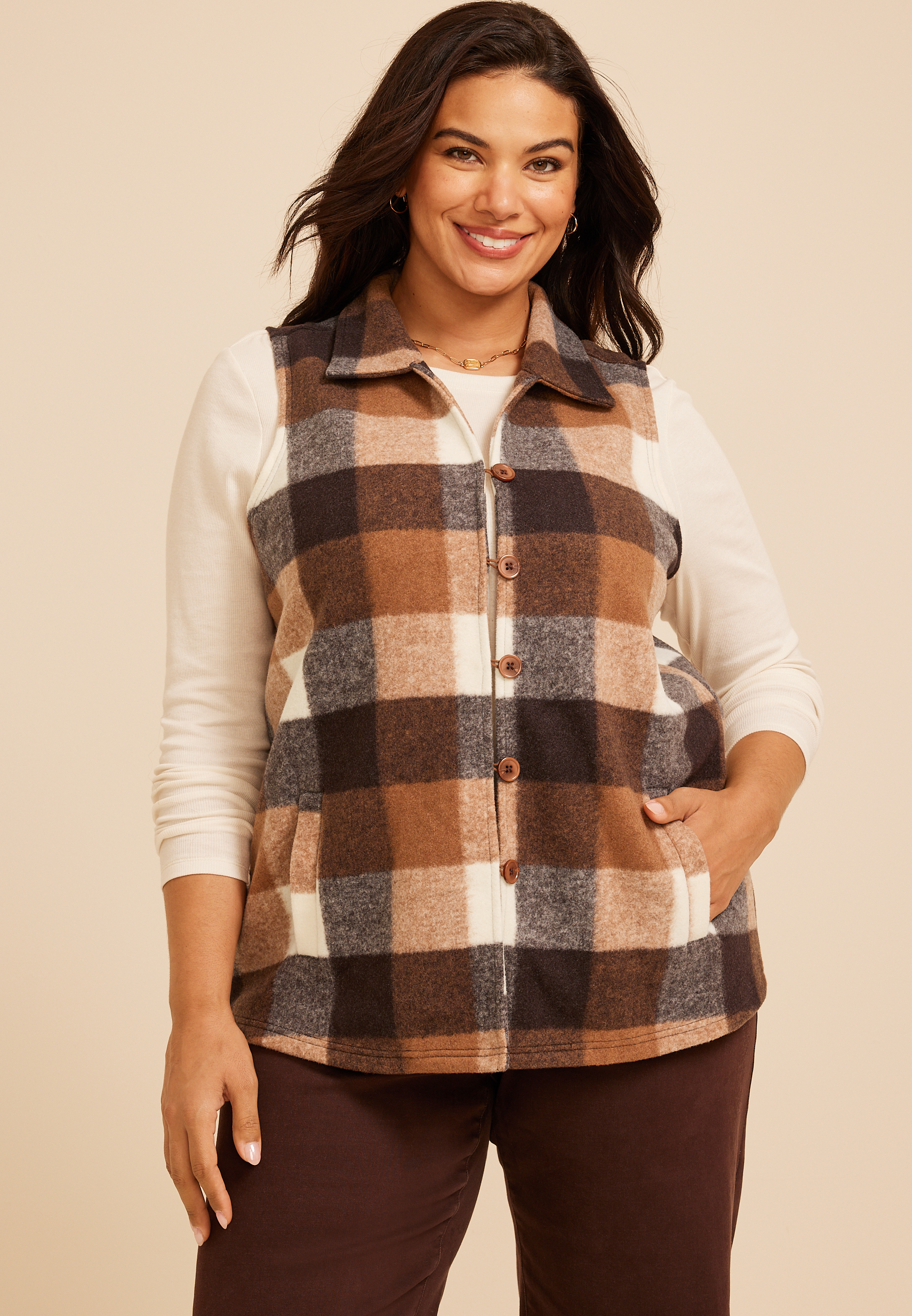 Plus Size Buffalo Plaid Button Front Vest