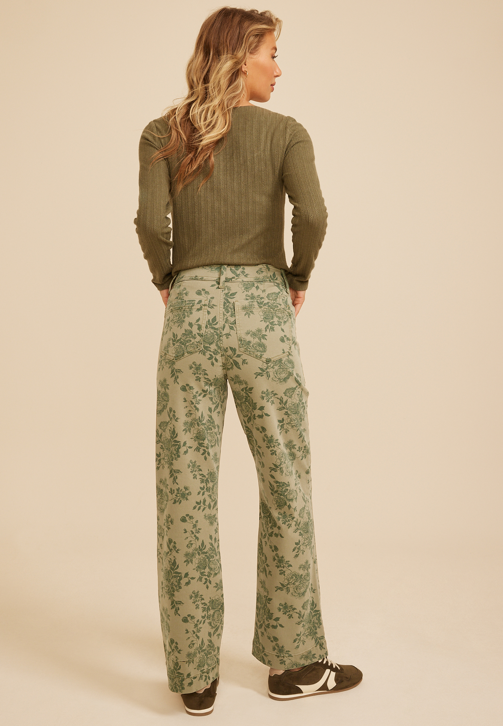 High Rise Floral Stretch Twill Wide Leg Pants, C1829, large