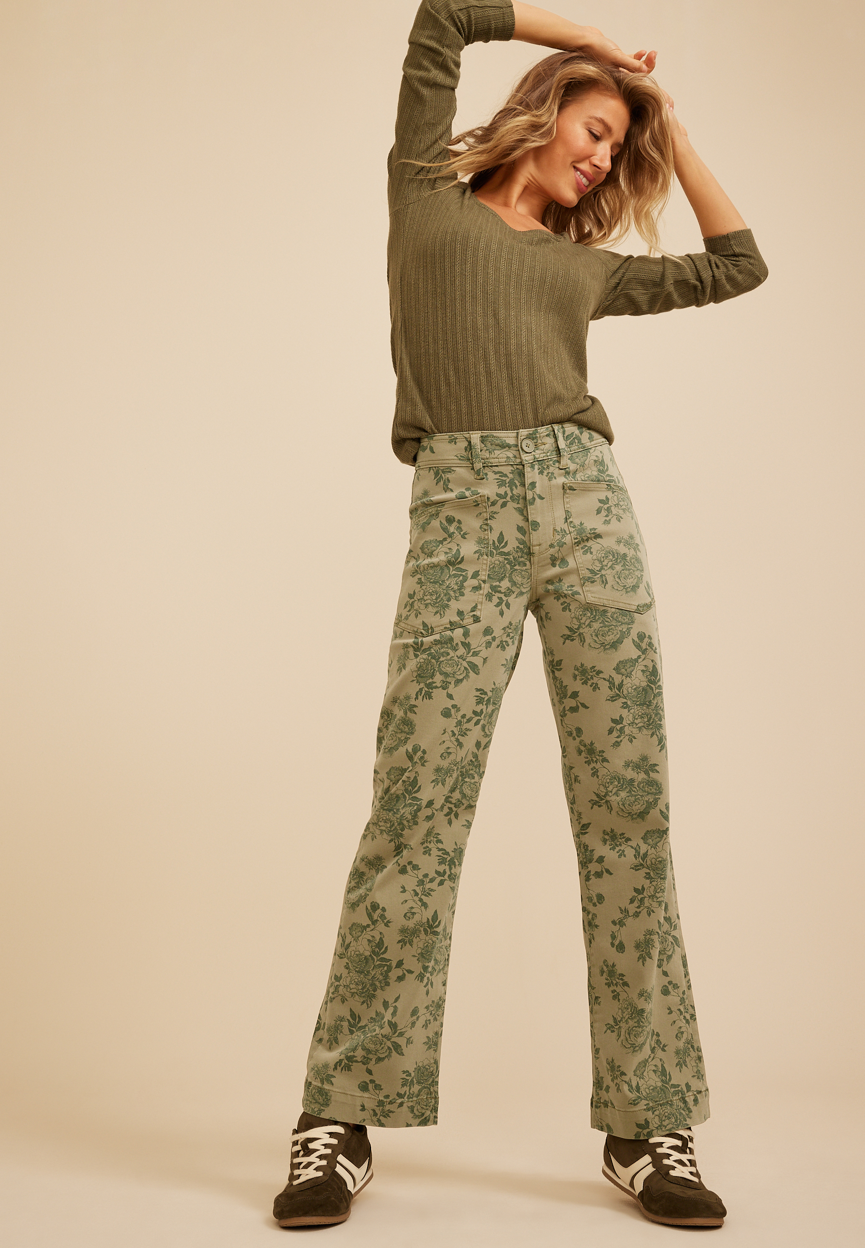 High Rise Floral Stretch Twill Wide Leg Pants, C1829, large