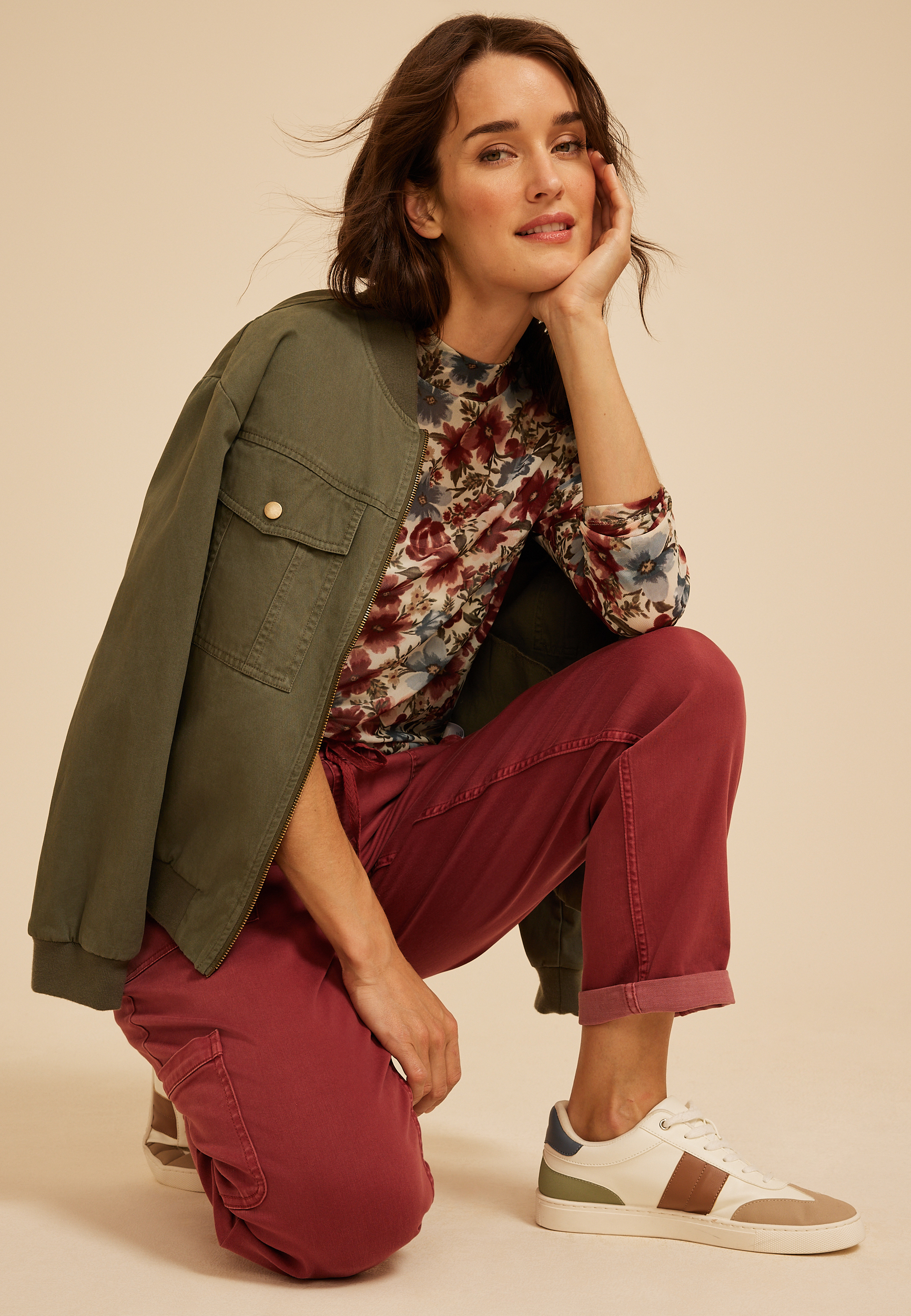 Floral Mesh Mock Neck Top