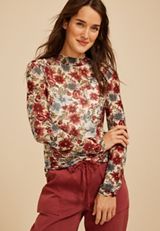 Floral Mesh Mock Neck Top, C1524, small