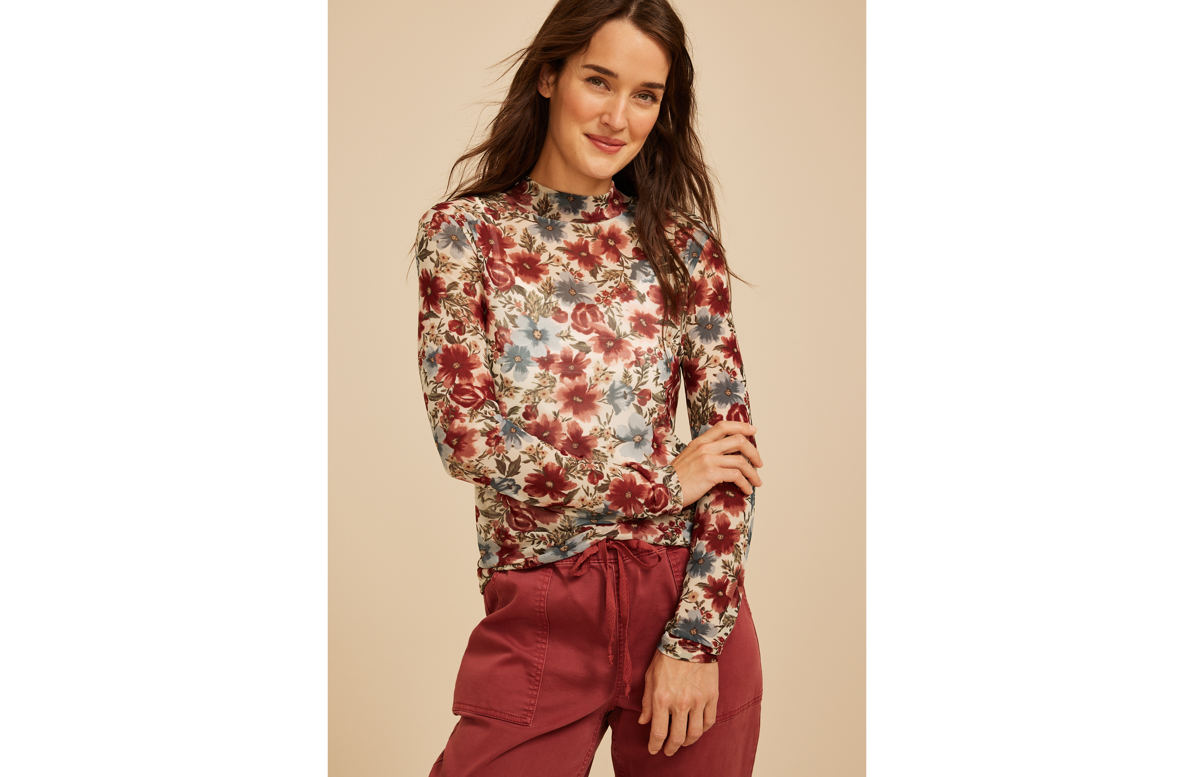 Floral Mesh Mock Neck Top