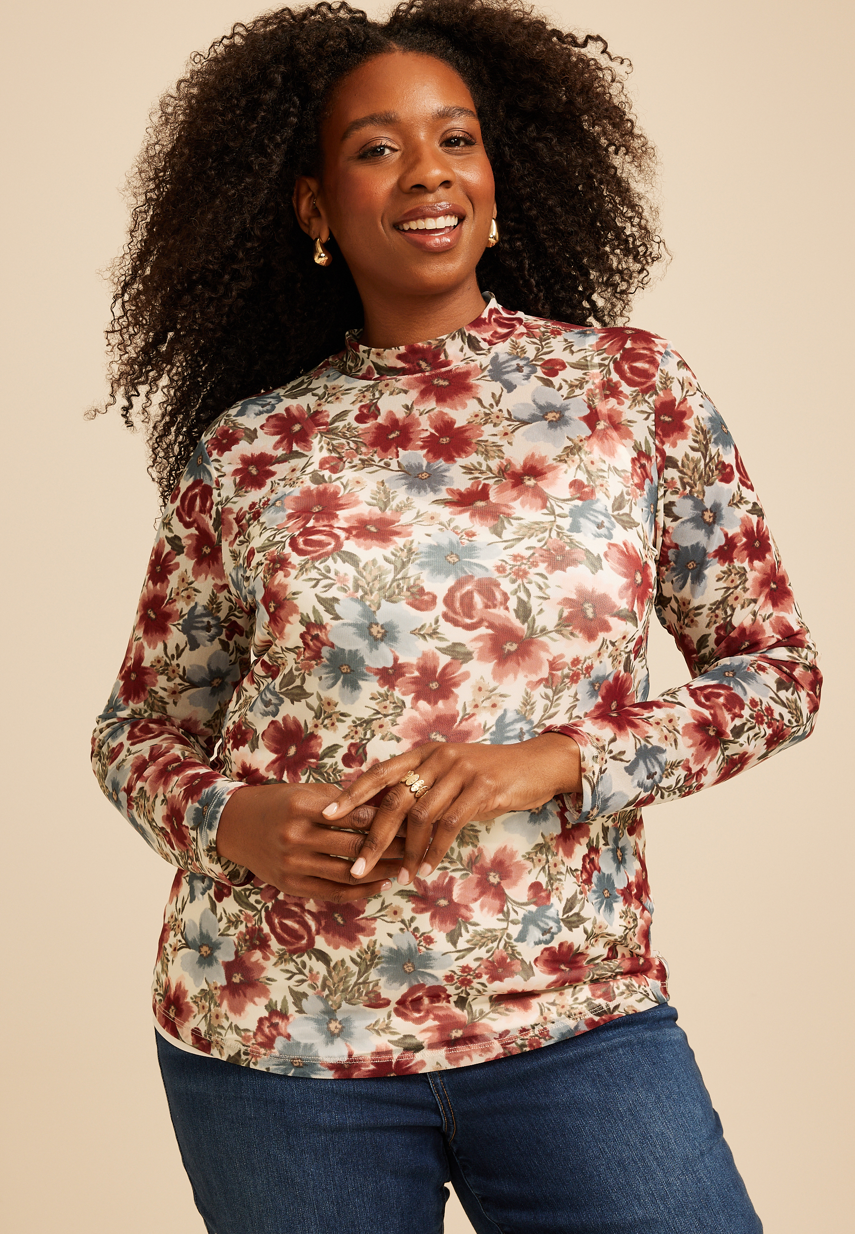 Plus Size Floral Mesh Mock Neck Top
