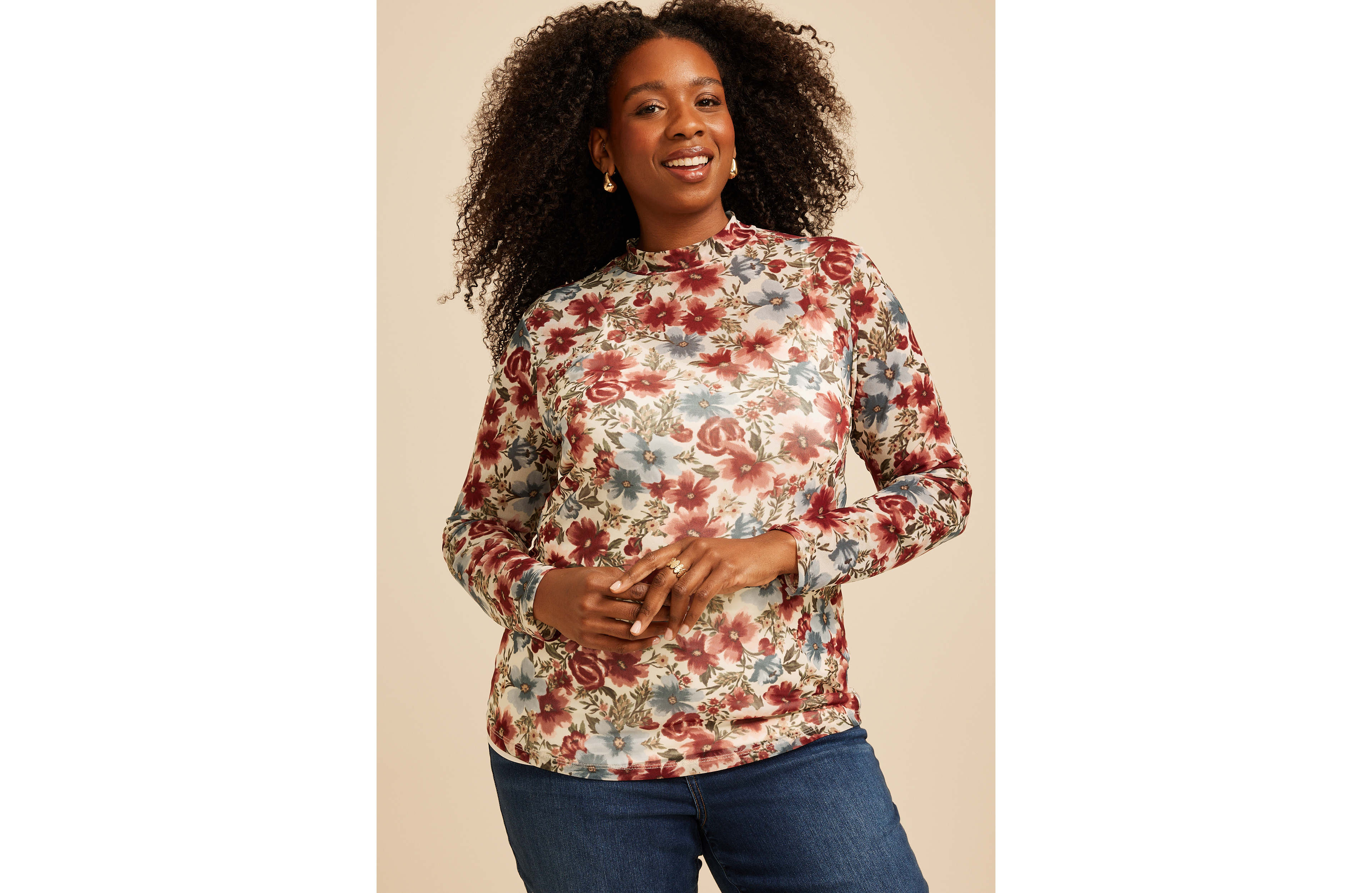 Plus Floral Mesh Mock Neck Top