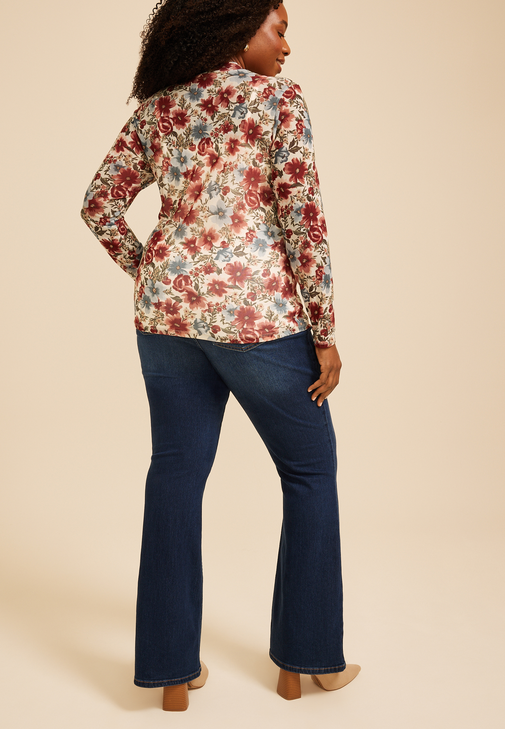 Plus Size Floral Mesh Mock Neck Top, C1524, large
