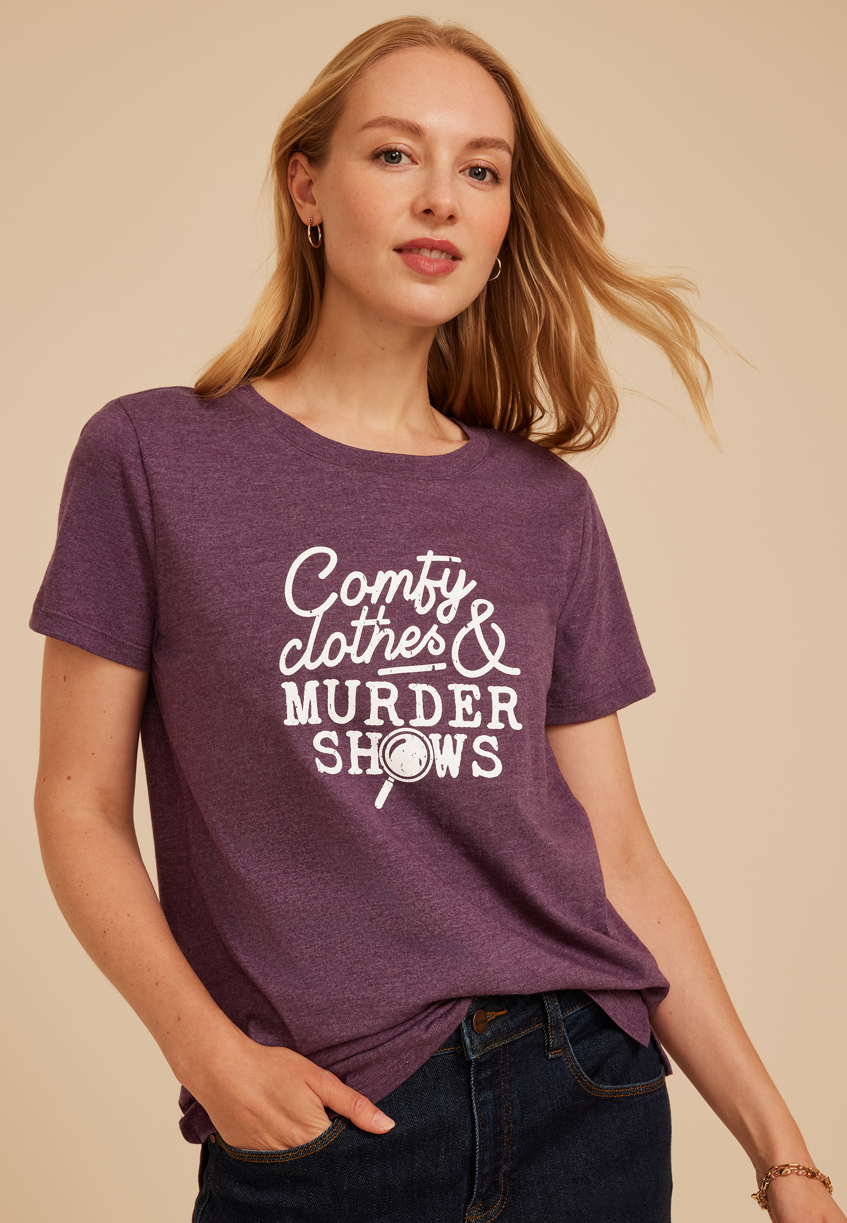 Comfy Clothes And Murder Shows Classic Fit Graphic Tee, POTENT PURPLE, large