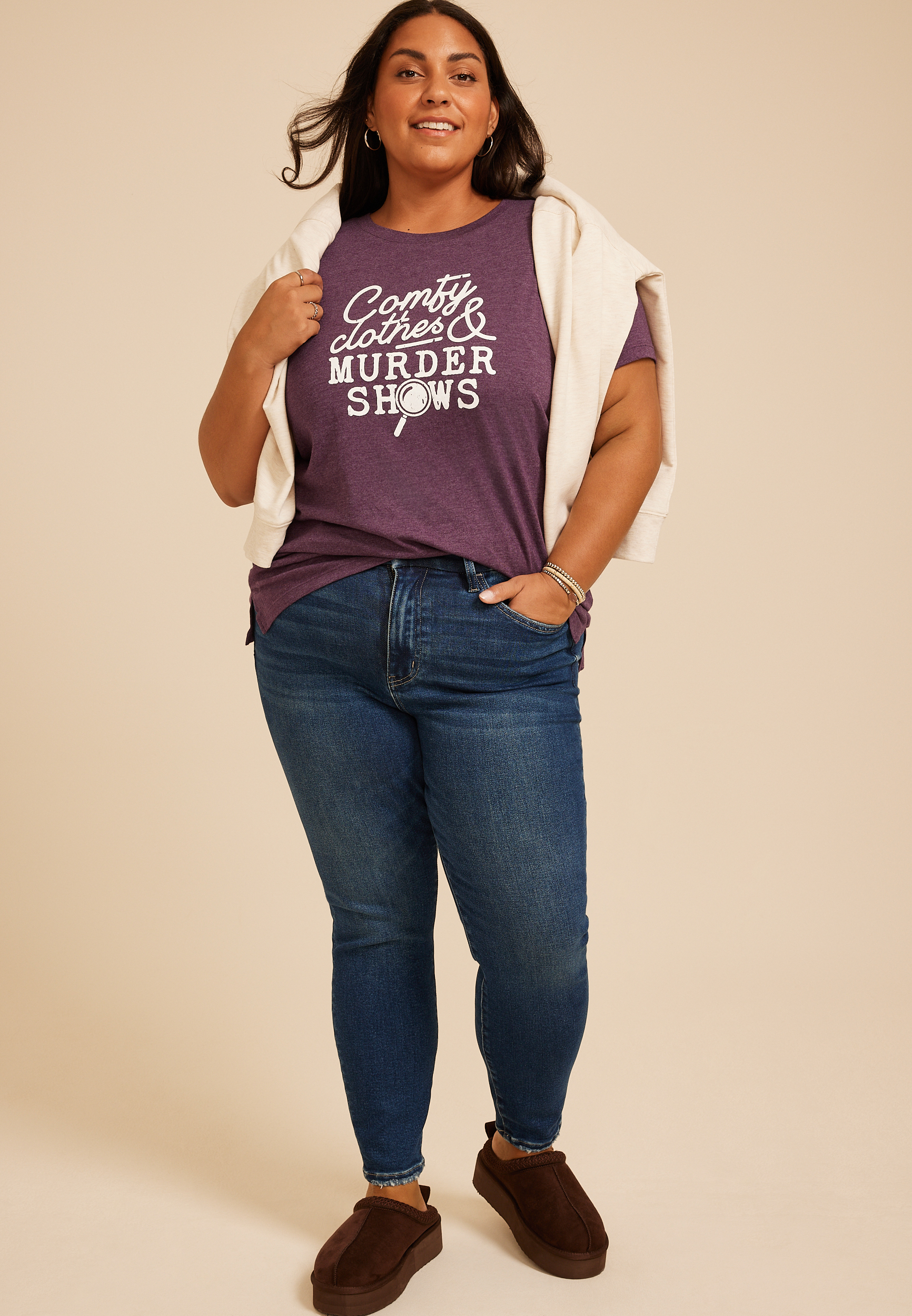 Plus Size Comfy Clothes And Murder Shows Classic Fit Graphic Tee, POTENT PURPLE, large