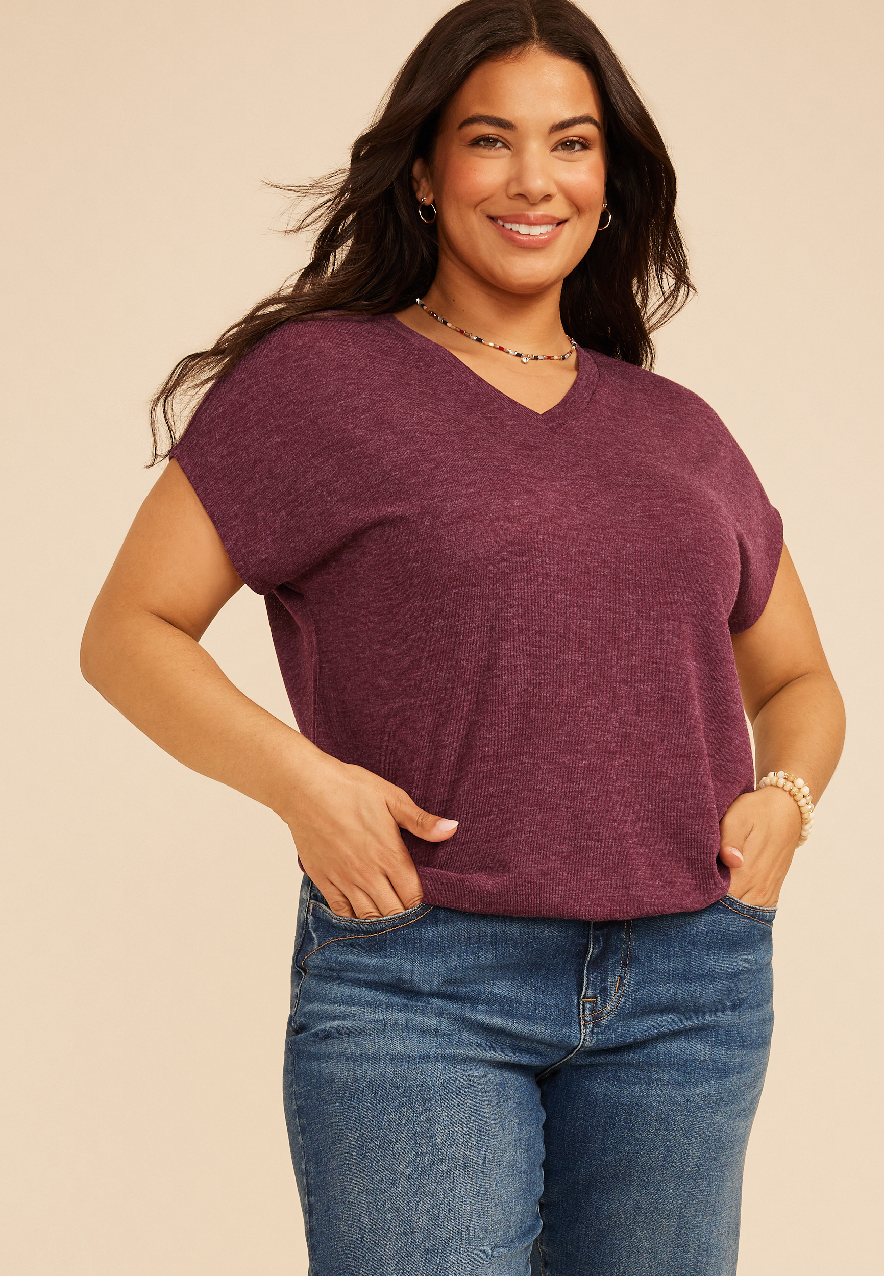 Plus Size 24/7 Bubble Hem V Neck Tee