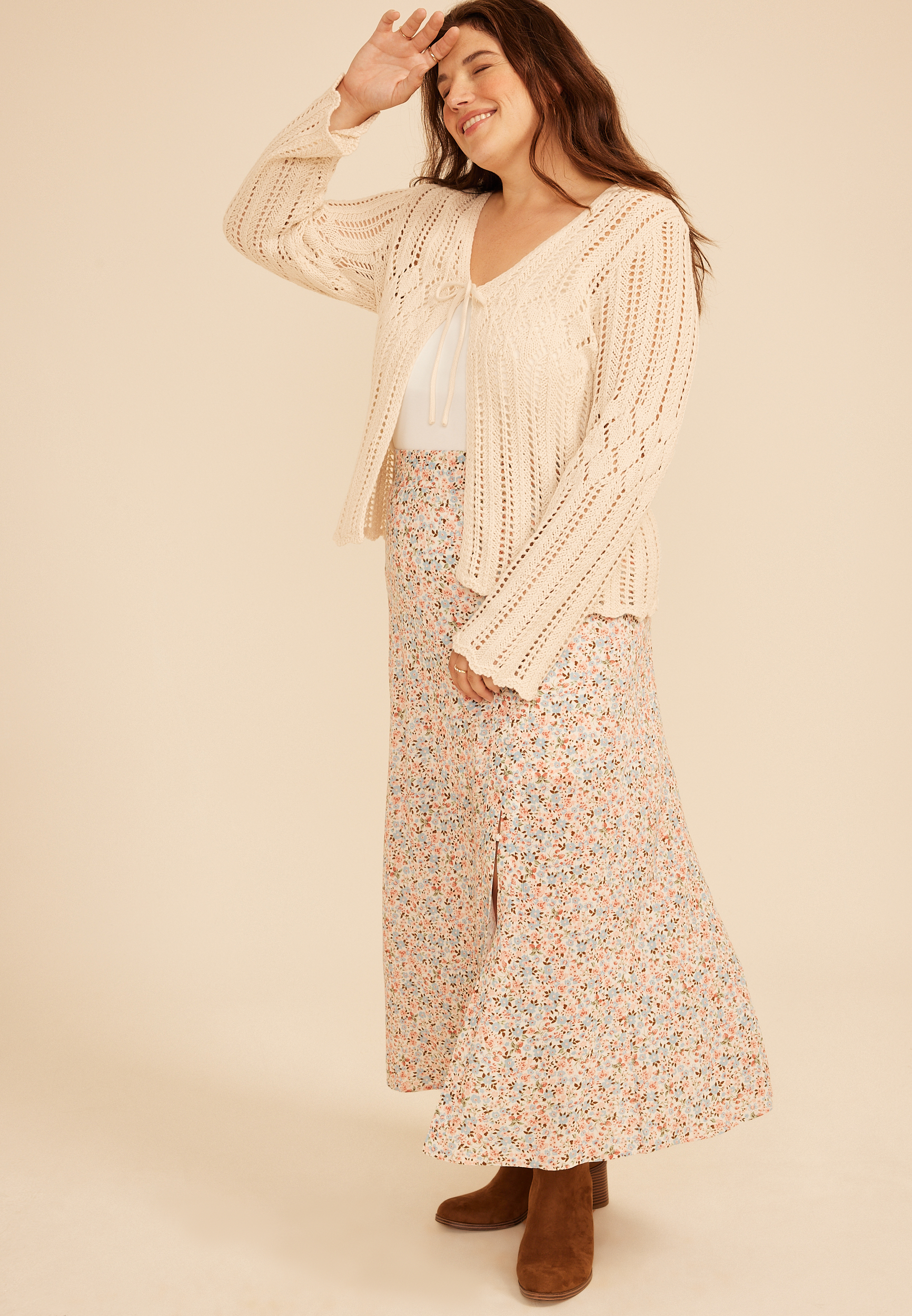 Plus Size Open Stitch Tie Front Cardigan