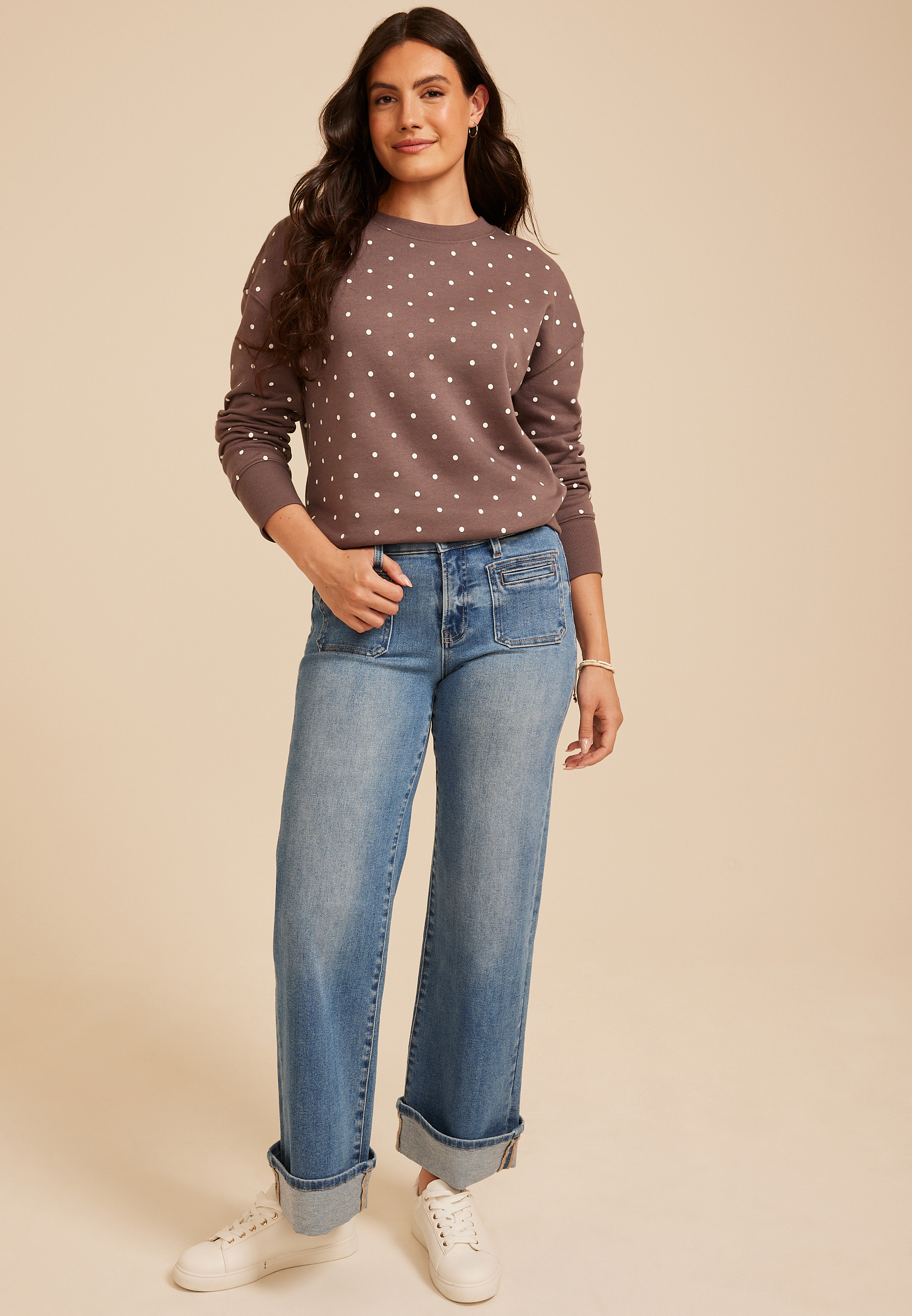 Polka Dot Crew Neck Sweatshirt, C4045, large