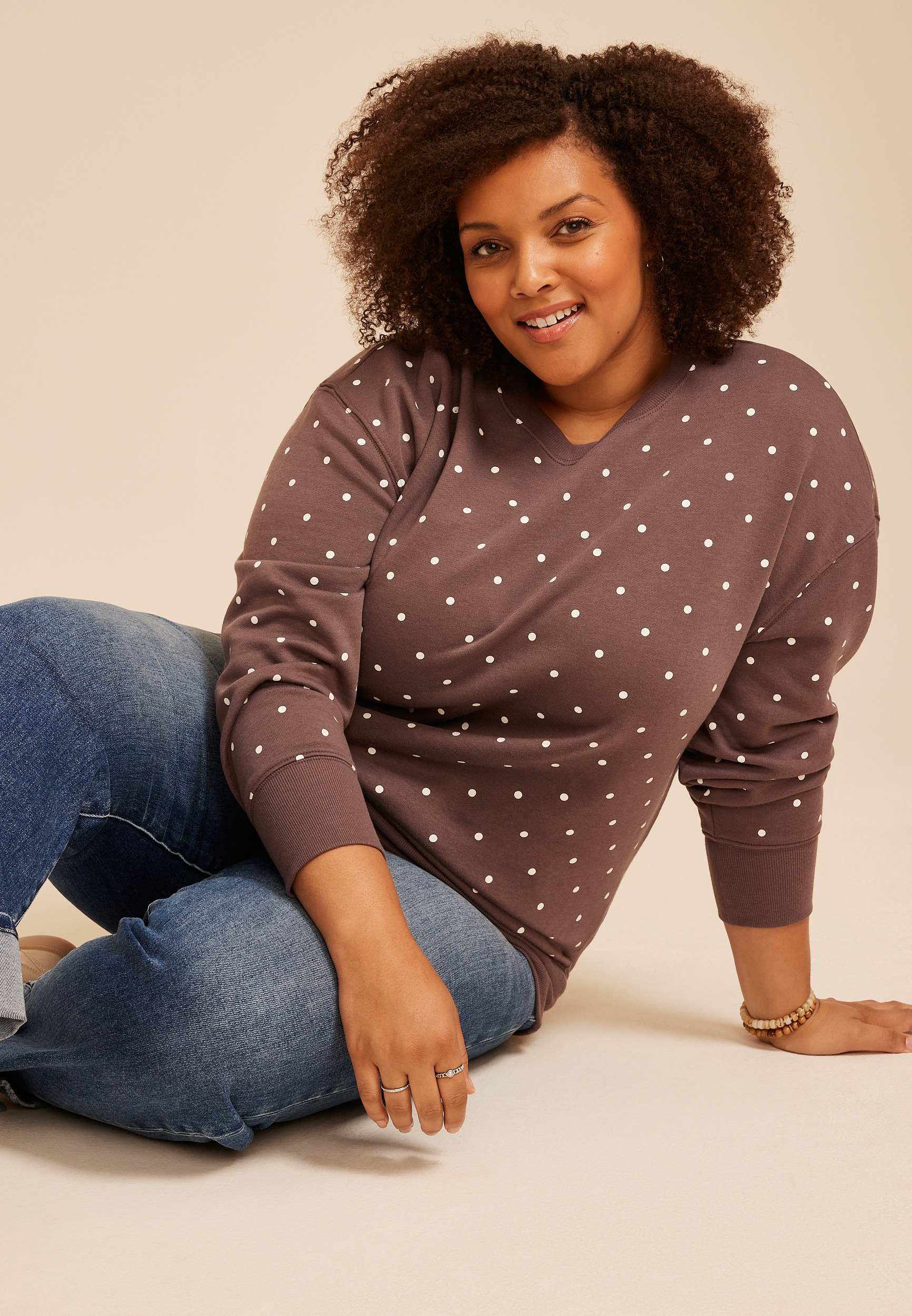 Plus Size Polka Dot Crew Neck Sweatshirt