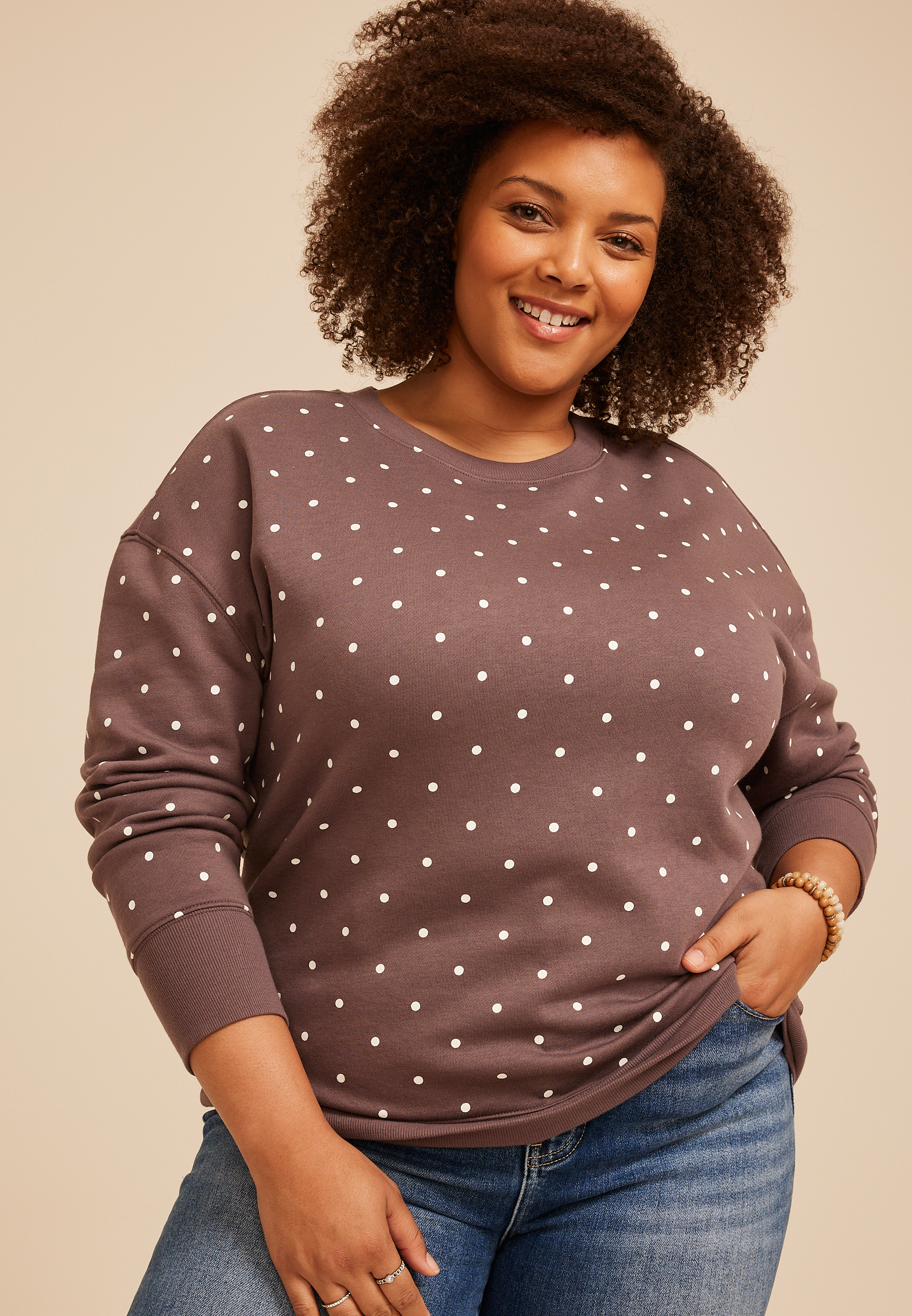 Plus Size Polka Dot Crew Neck Sweatshirt, C4045, large