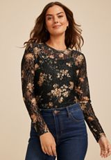 Floral Printed Lace Long Sleeve Top, C1756, small
