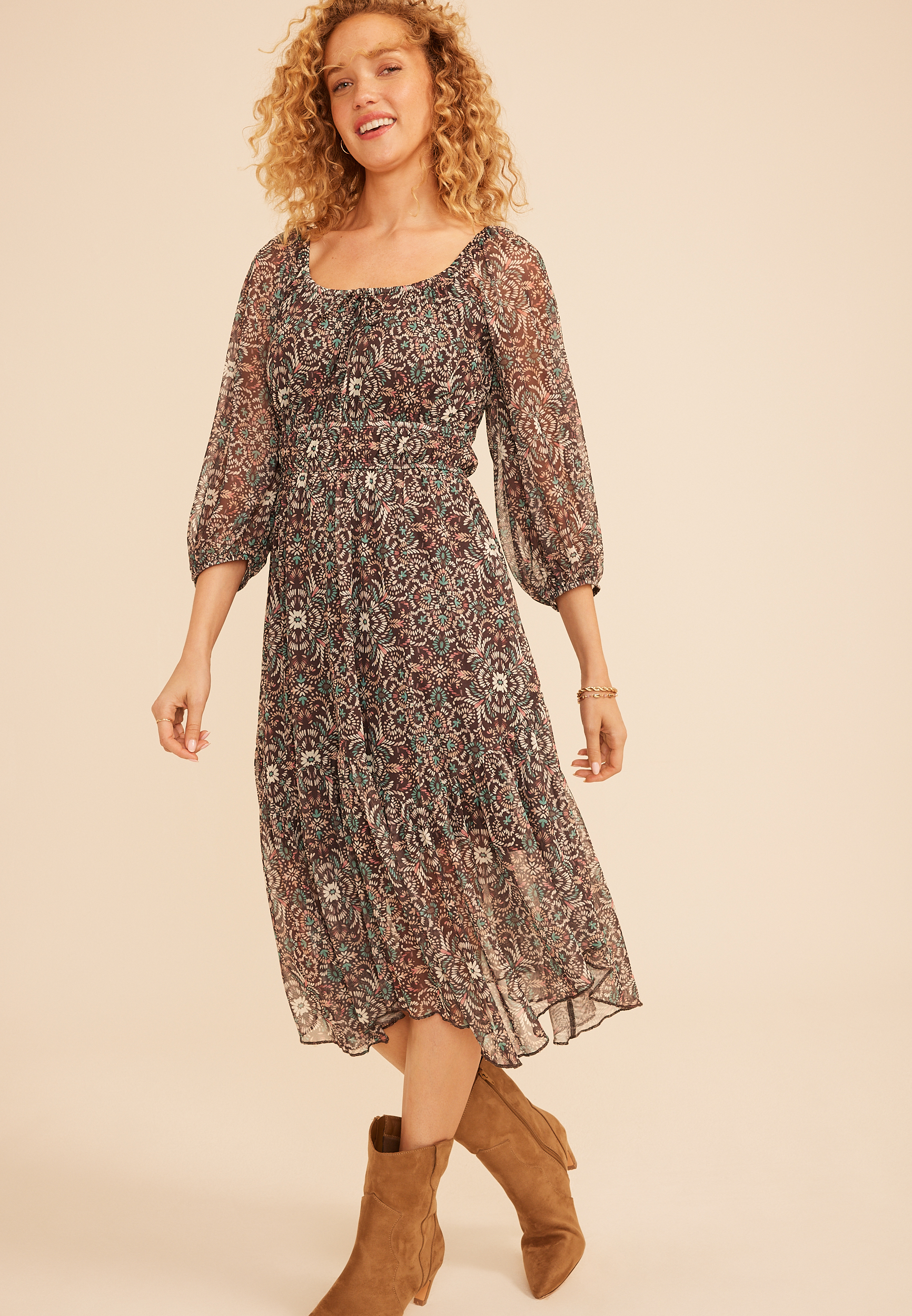 Floral Mesh Hanky Hem Midi Dress