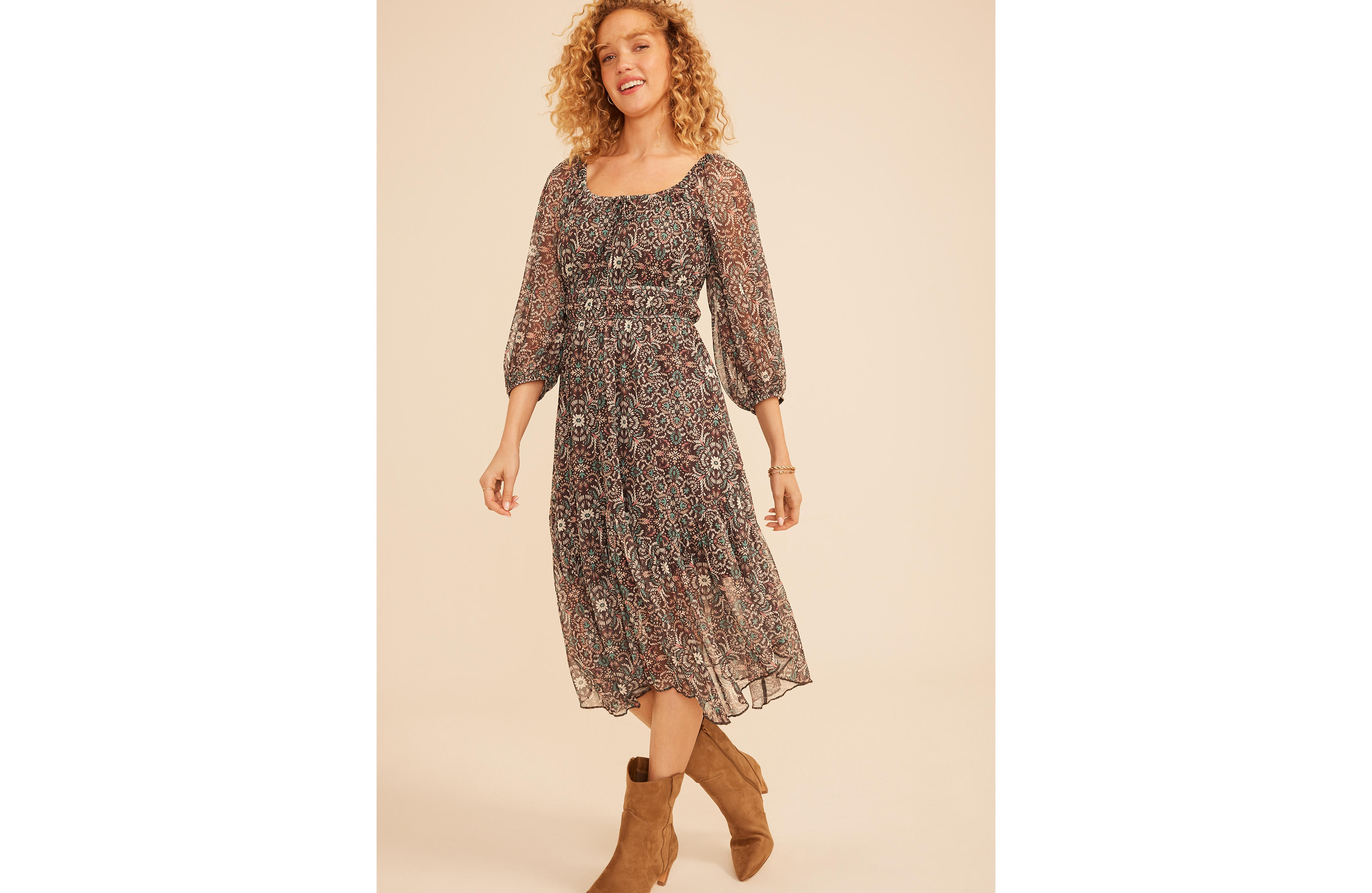 Floral Mesh Hanky Hem Midi Dress