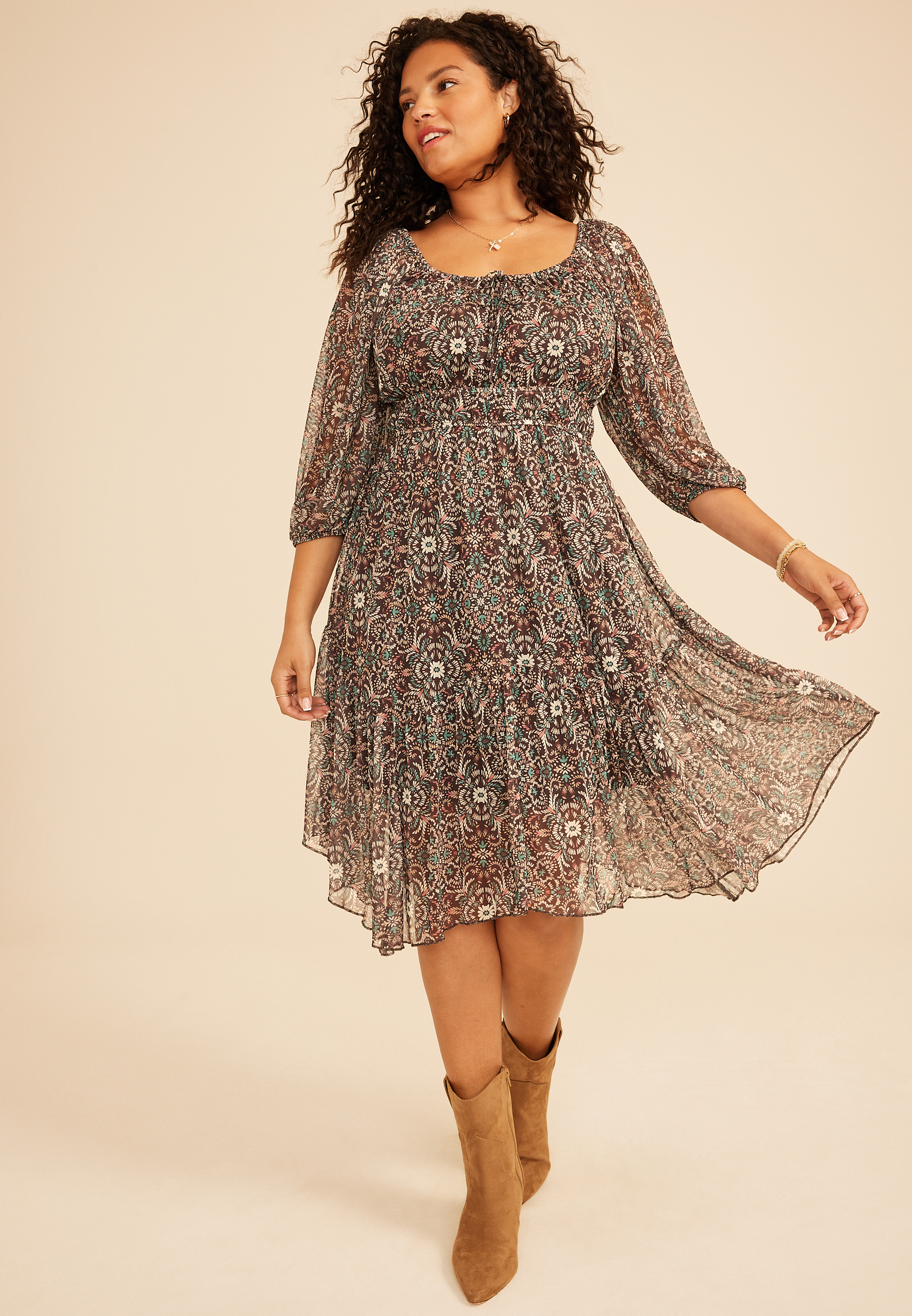 Plus Size Floral Mesh Hanky Hem Midi Dress