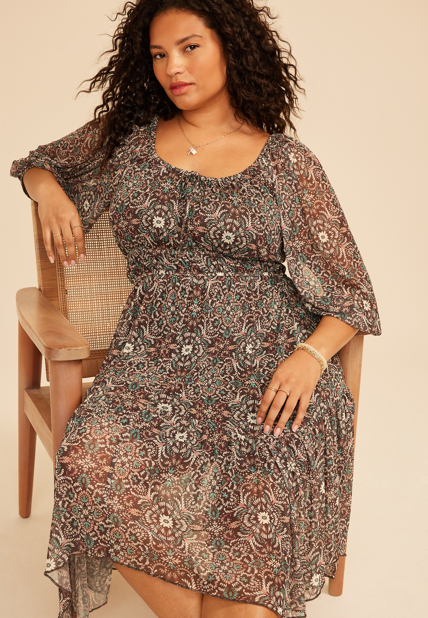 Plus Size Floral Mesh Hanky Hem Midi Dress, C4479, large