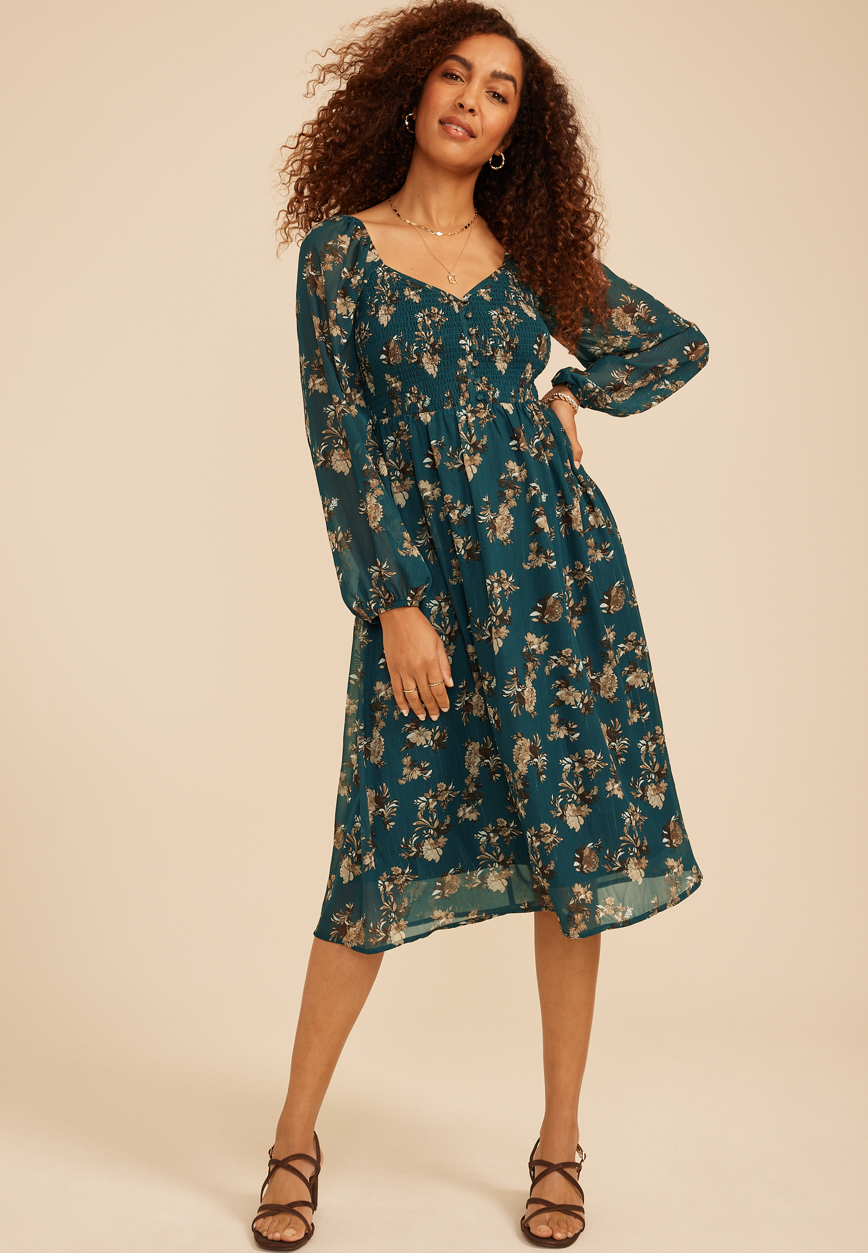 Floral Metallic Smocked Midi Dress