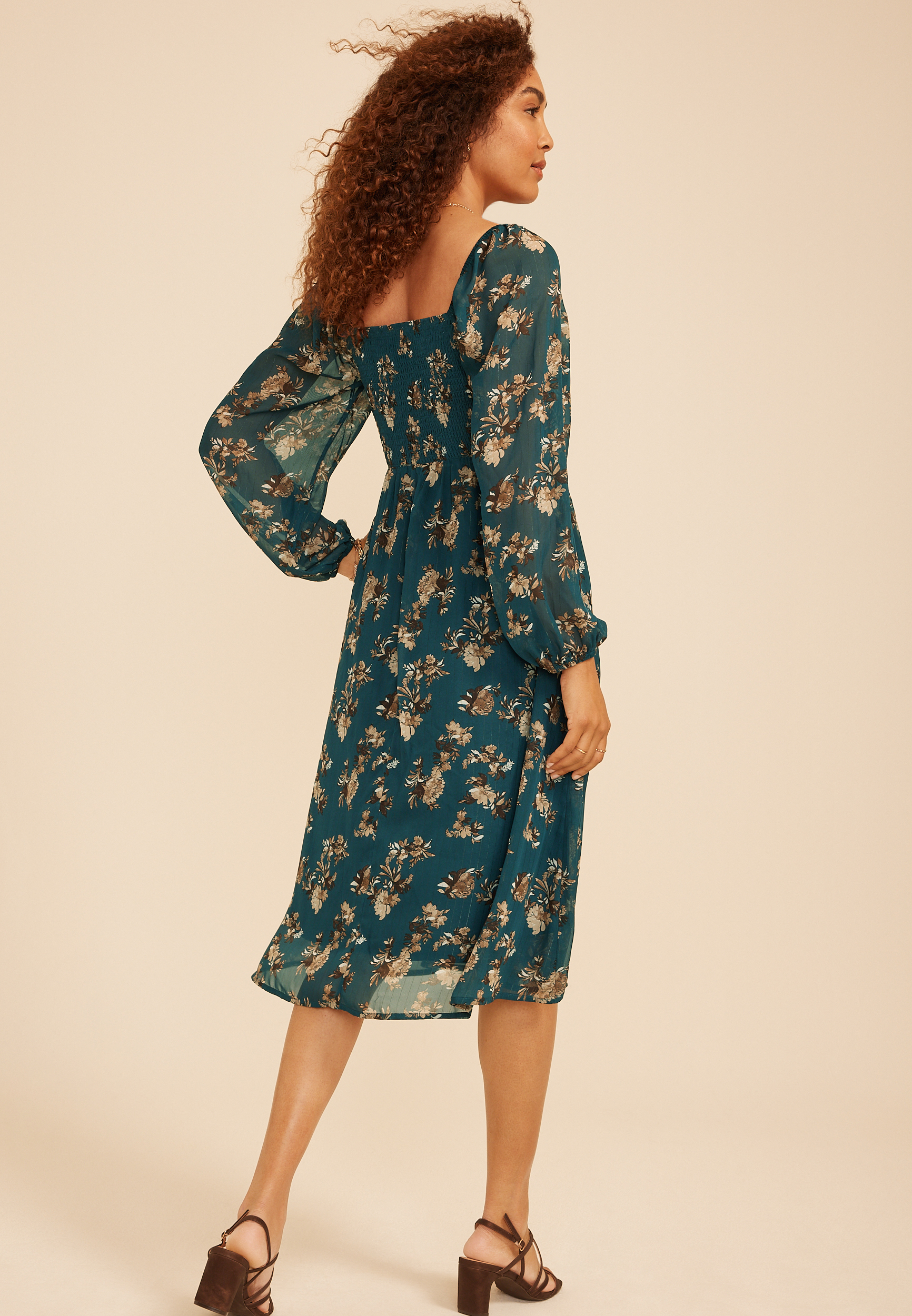 Floral Metallic Smocked Midi Dress, C3784, large