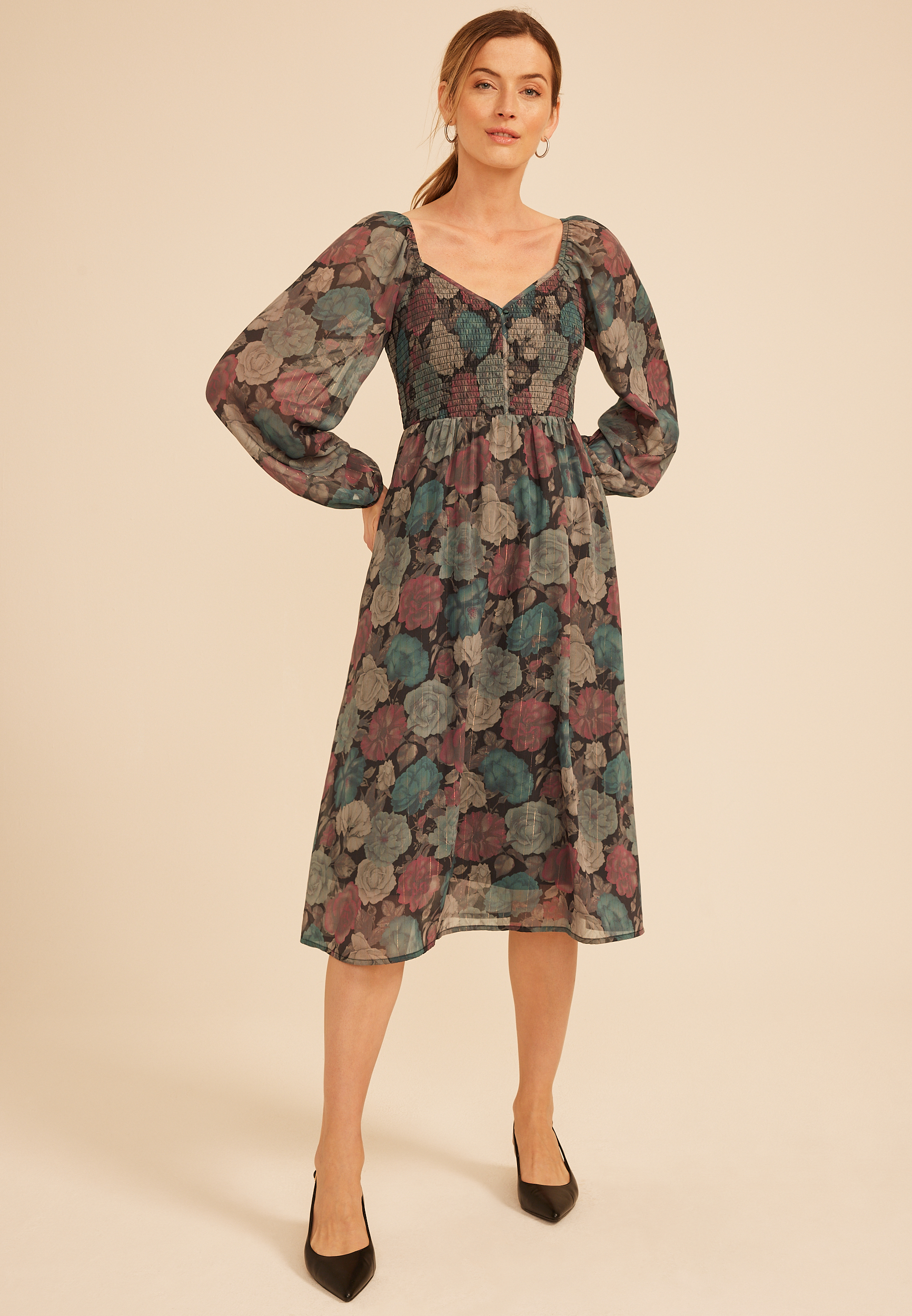 Floral Metallic Smocked Midi Dress