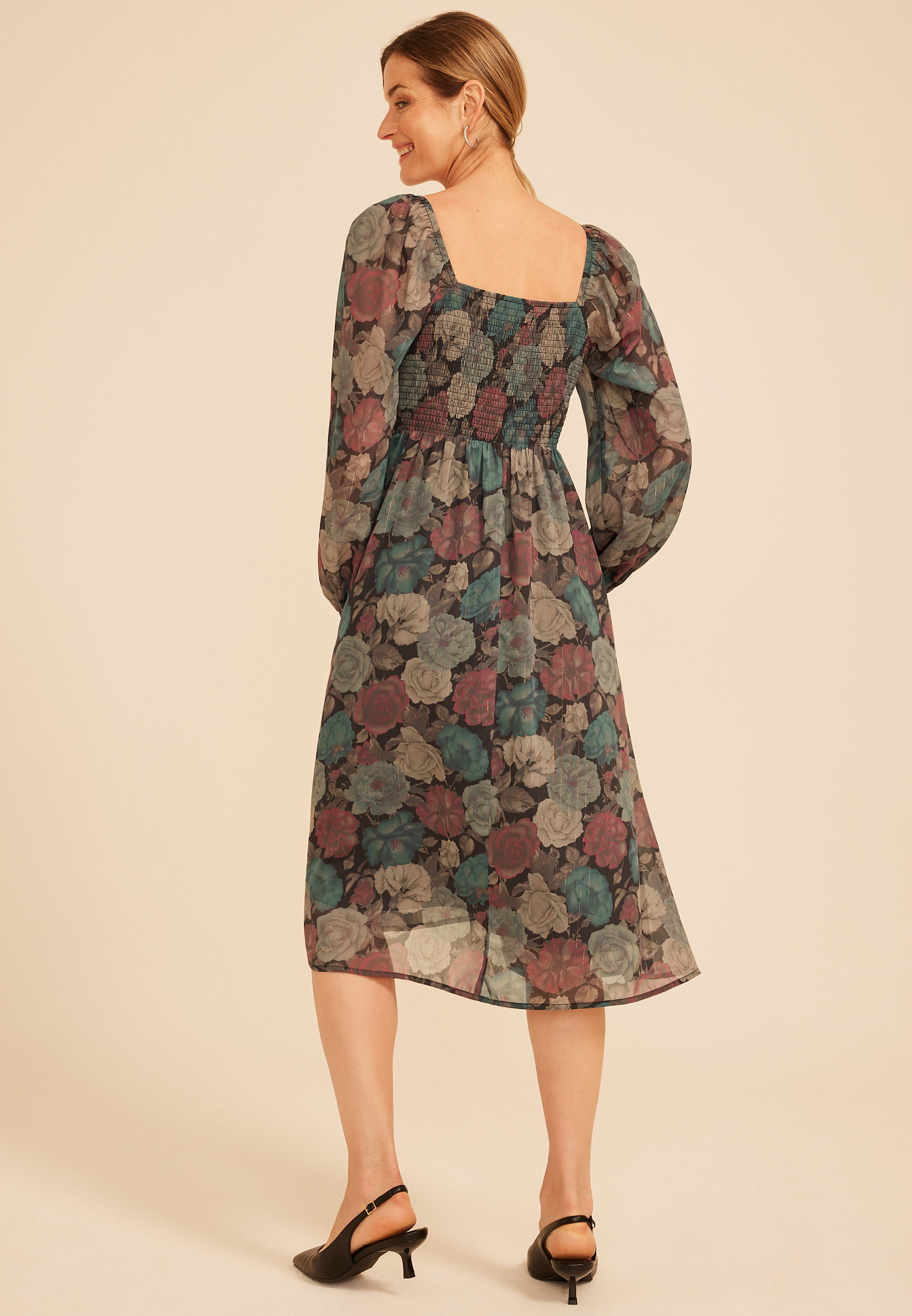 Floral Metallic Smocked Midi Dress, C5556, large