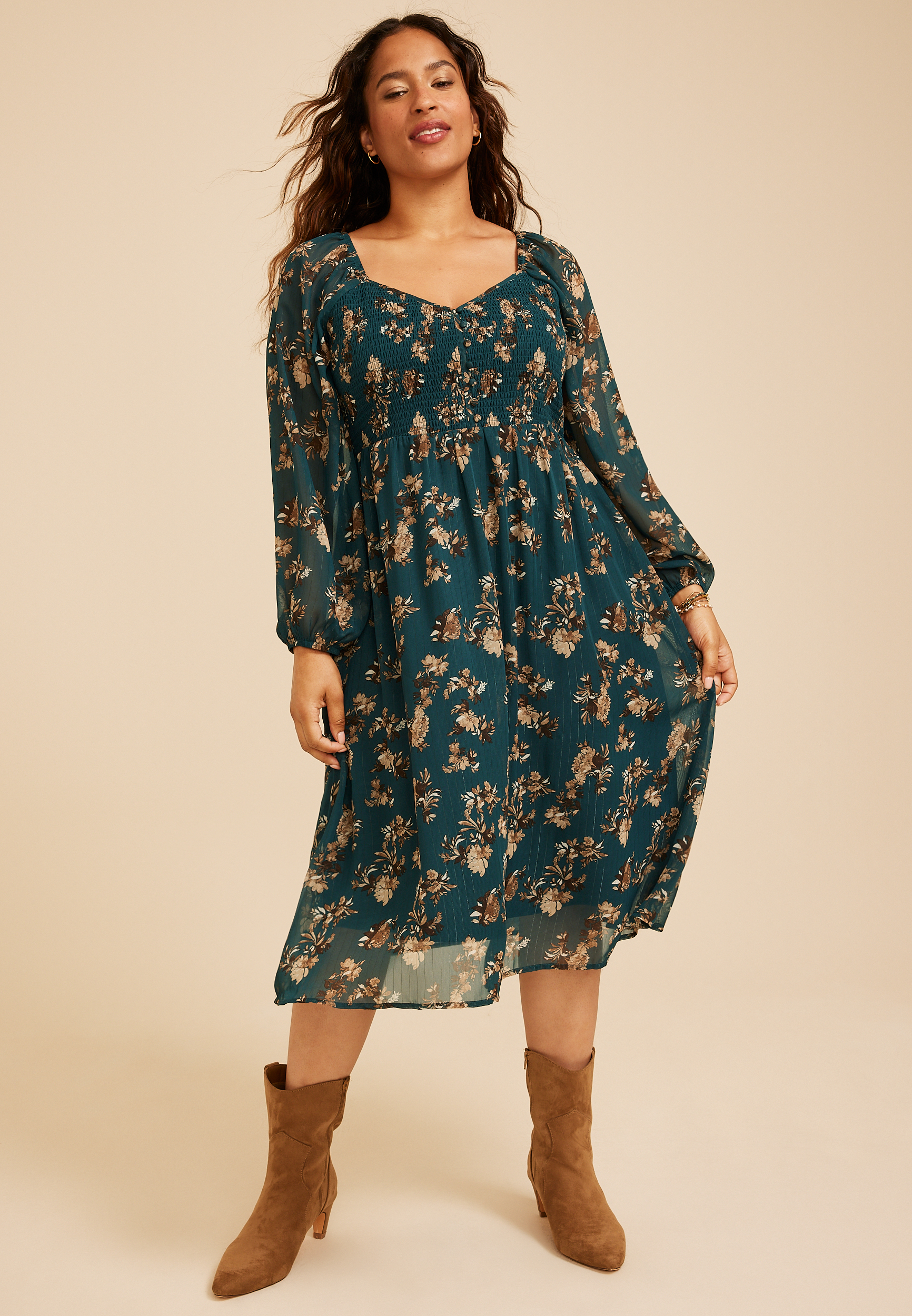 Plus Size Floral Metallic Smocked Midi Dress