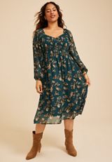 Plus Size Floral Metallic Smocked Midi Dress, C3784, small