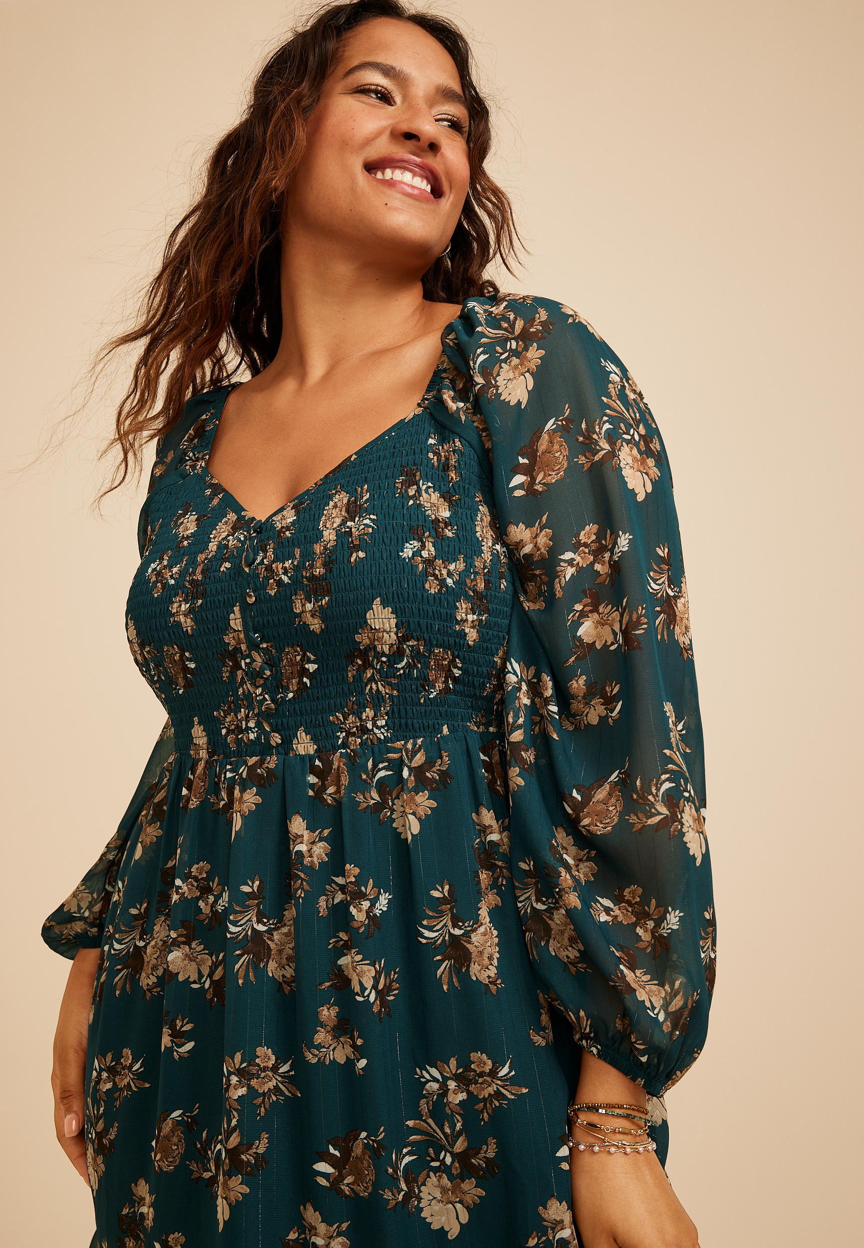 Plus Size Floral Metallic Smocked Midi Dress, C3784, large