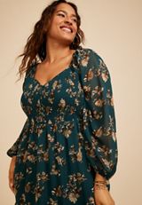 Plus Size Floral Metallic Smocked Midi Dress, C3784, small
