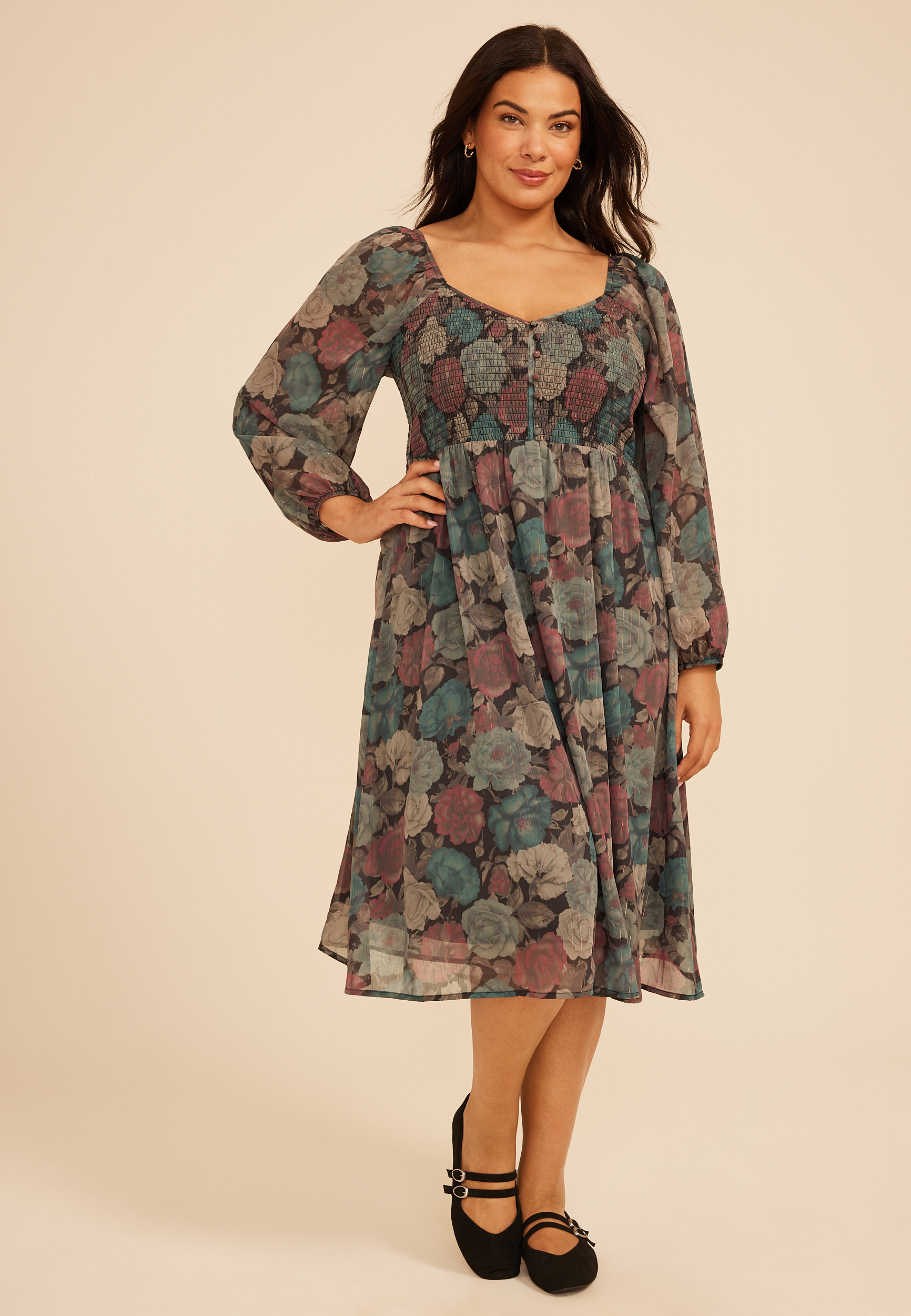 Plus Size Floral Metallic Smocked Midi Dress