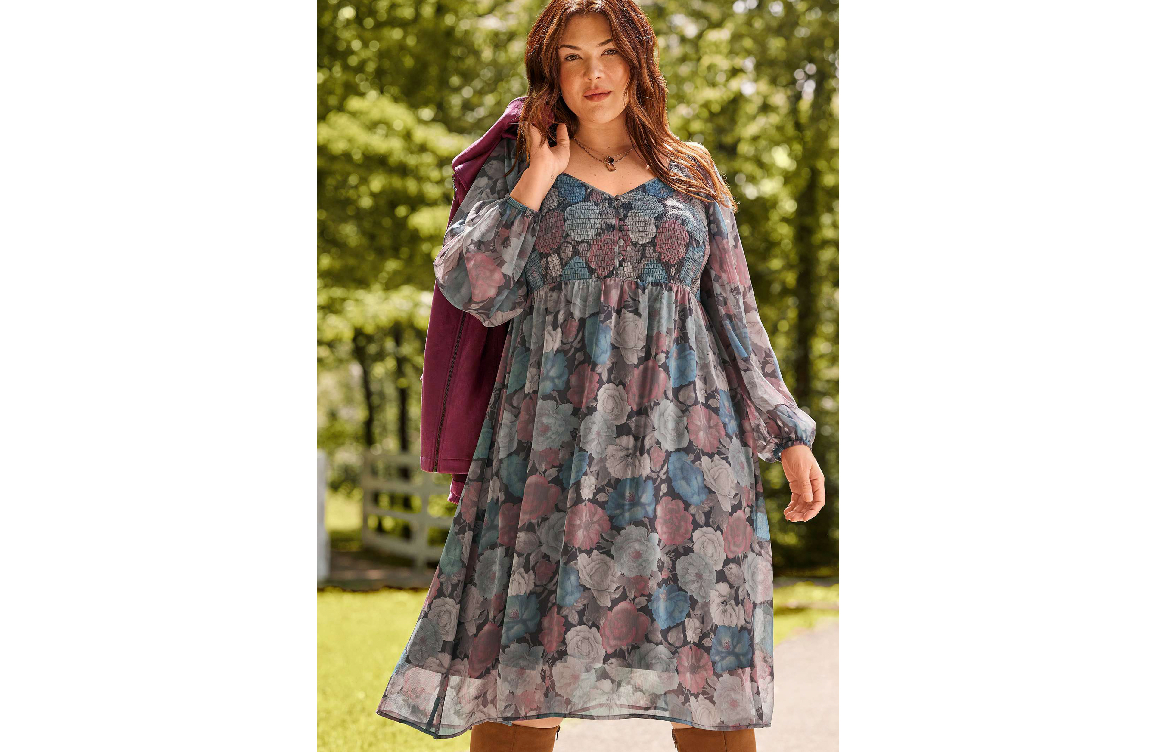 Plus Floral Smocked Midi Dress
