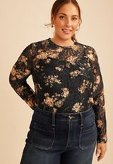 Plus Size Floral Printed Lace Long Sleeve Top, C1756, small