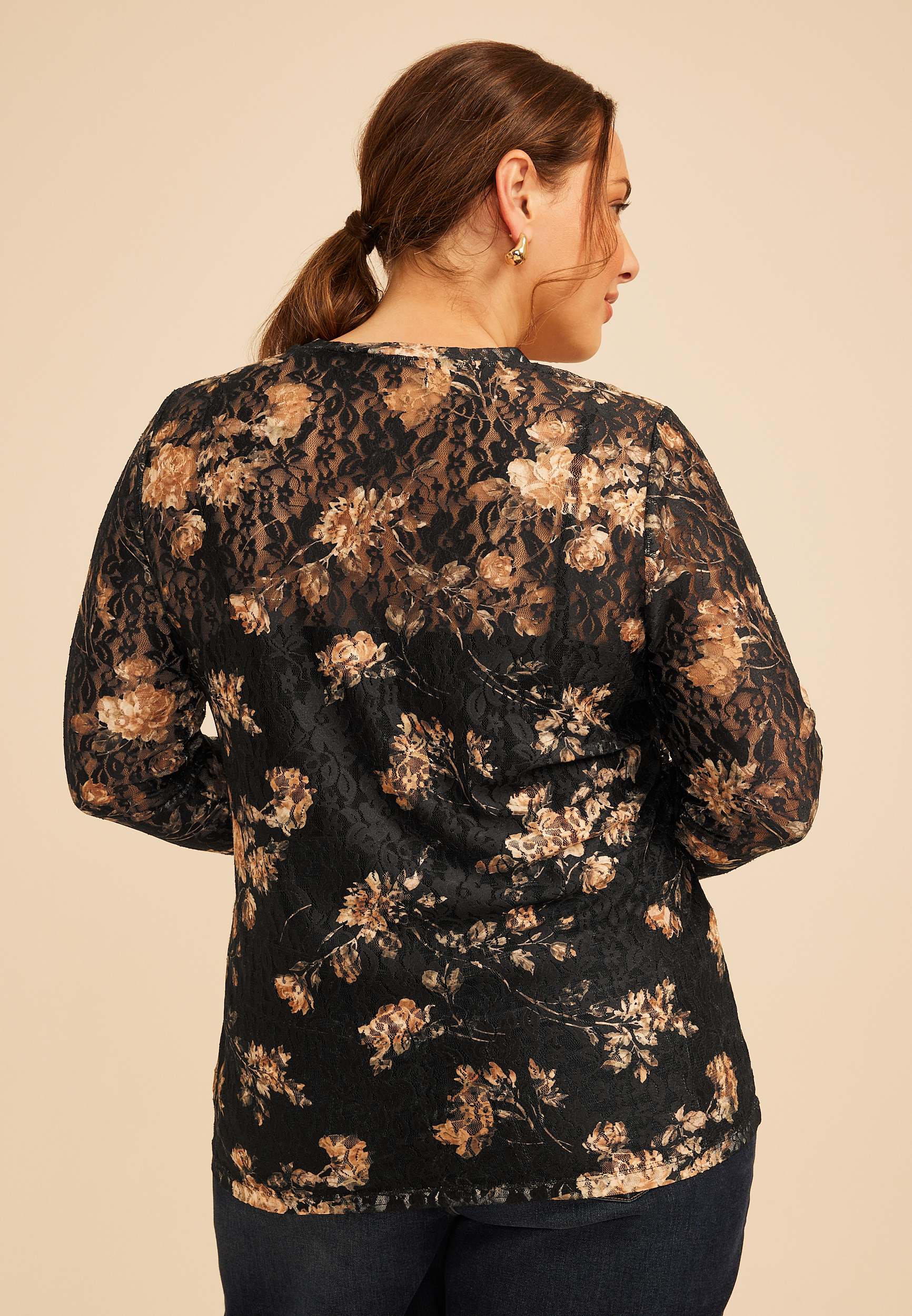 Plus Size Floral Printed Lace Long Sleeve Top, C1756, large
