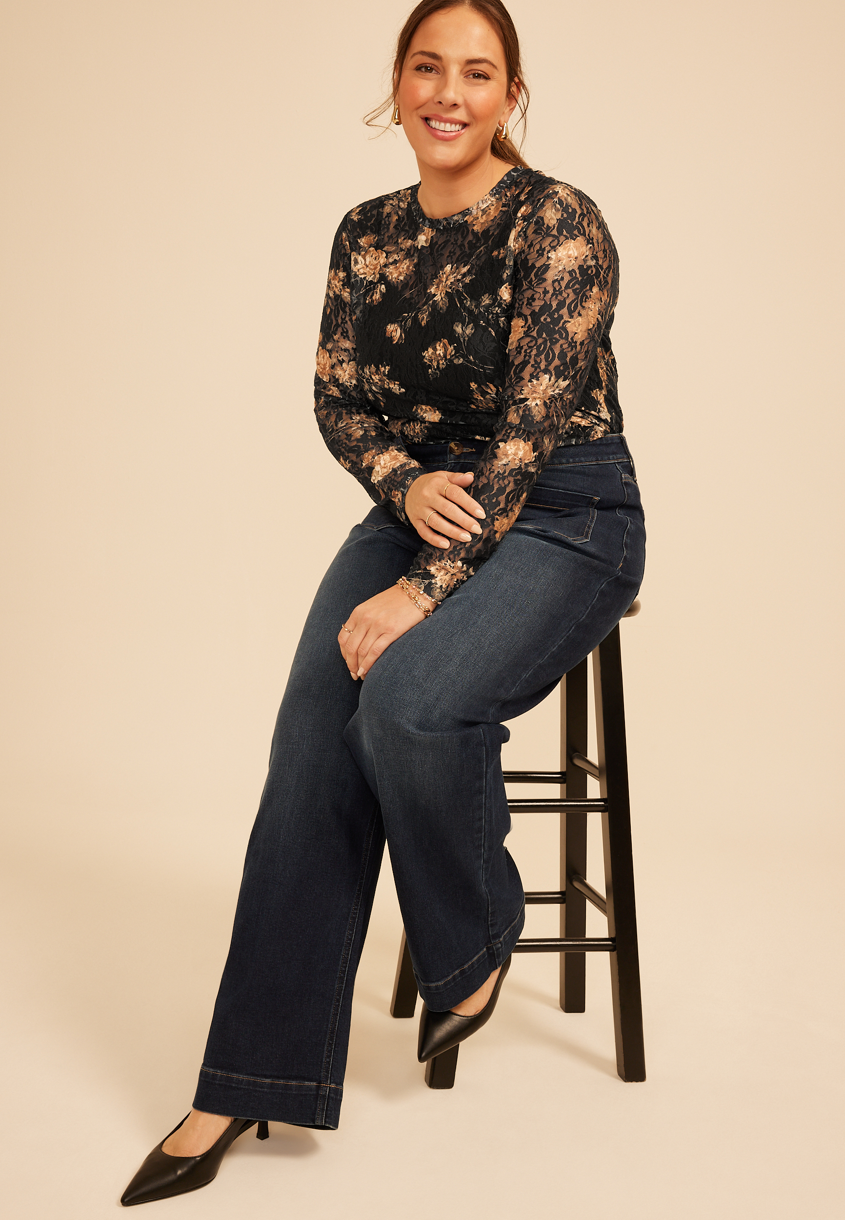 Plus Size Floral Printed Lace Long Sleeve Top, C1756, large