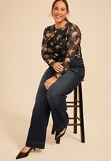 Plus Size Floral Printed Lace Long Sleeve Top, C1756, small