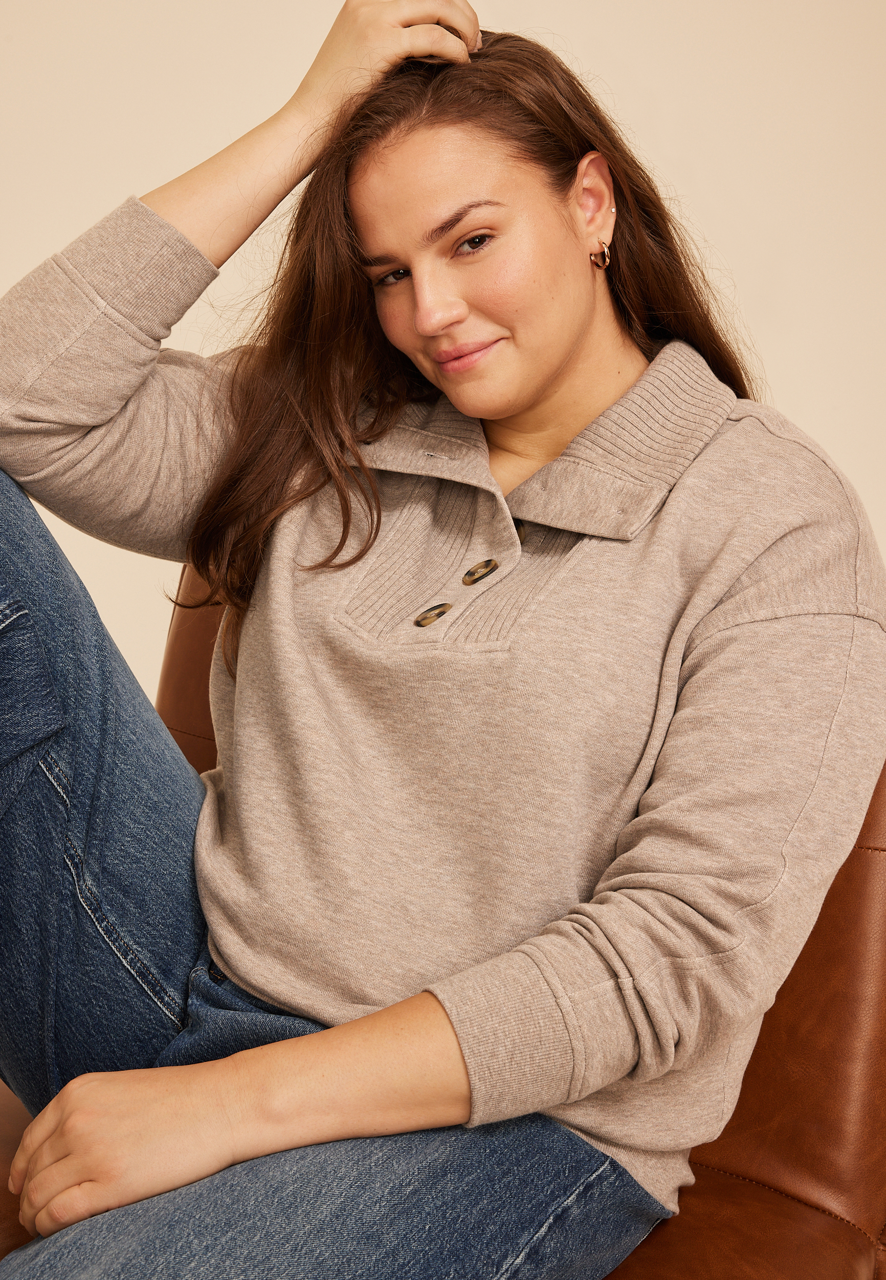 Plus Size Quarter Button Front Collared Sweatshirt, C1923, large