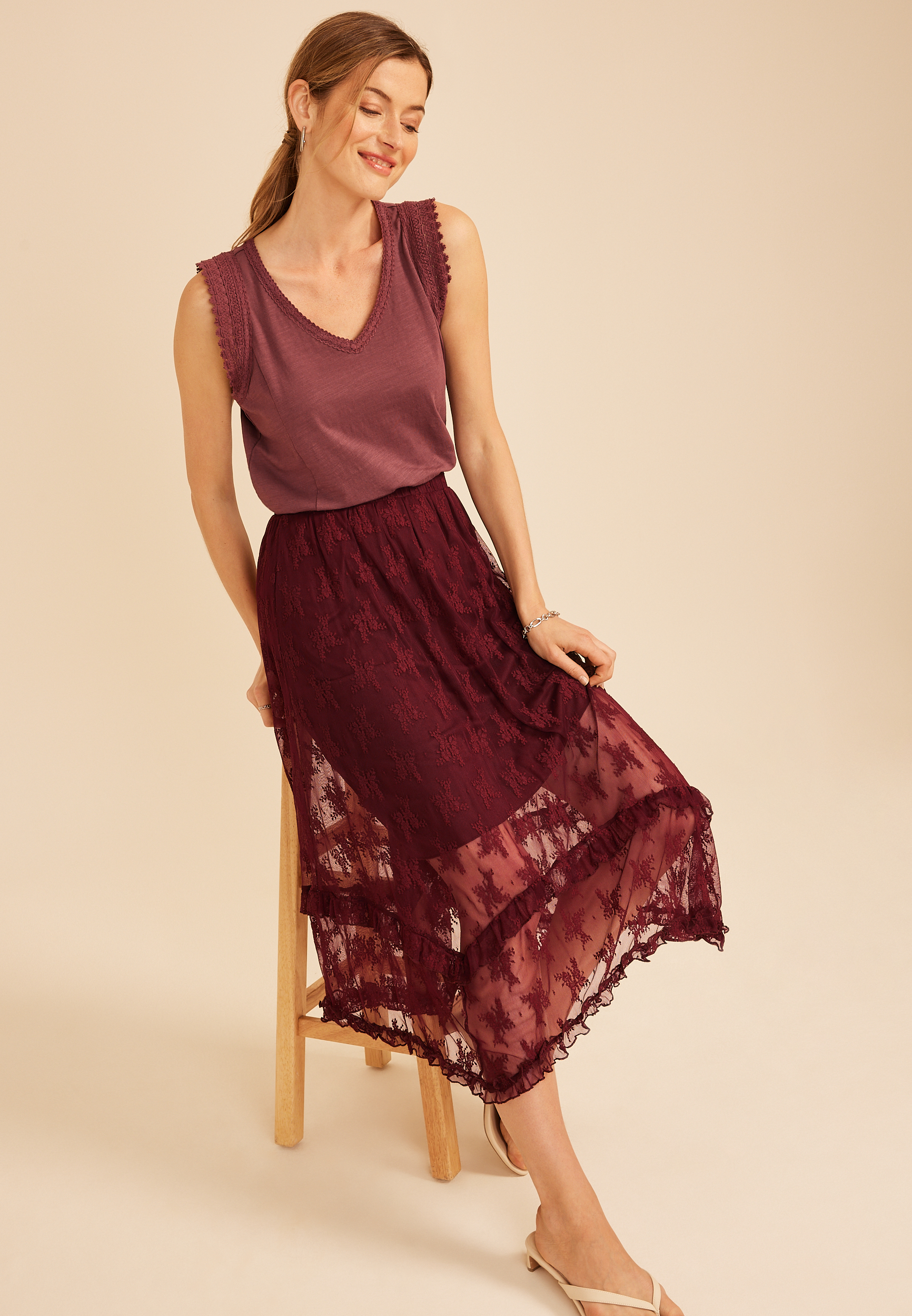 Floral Lace Hanky Hem Maxi Skirt, C5221, large