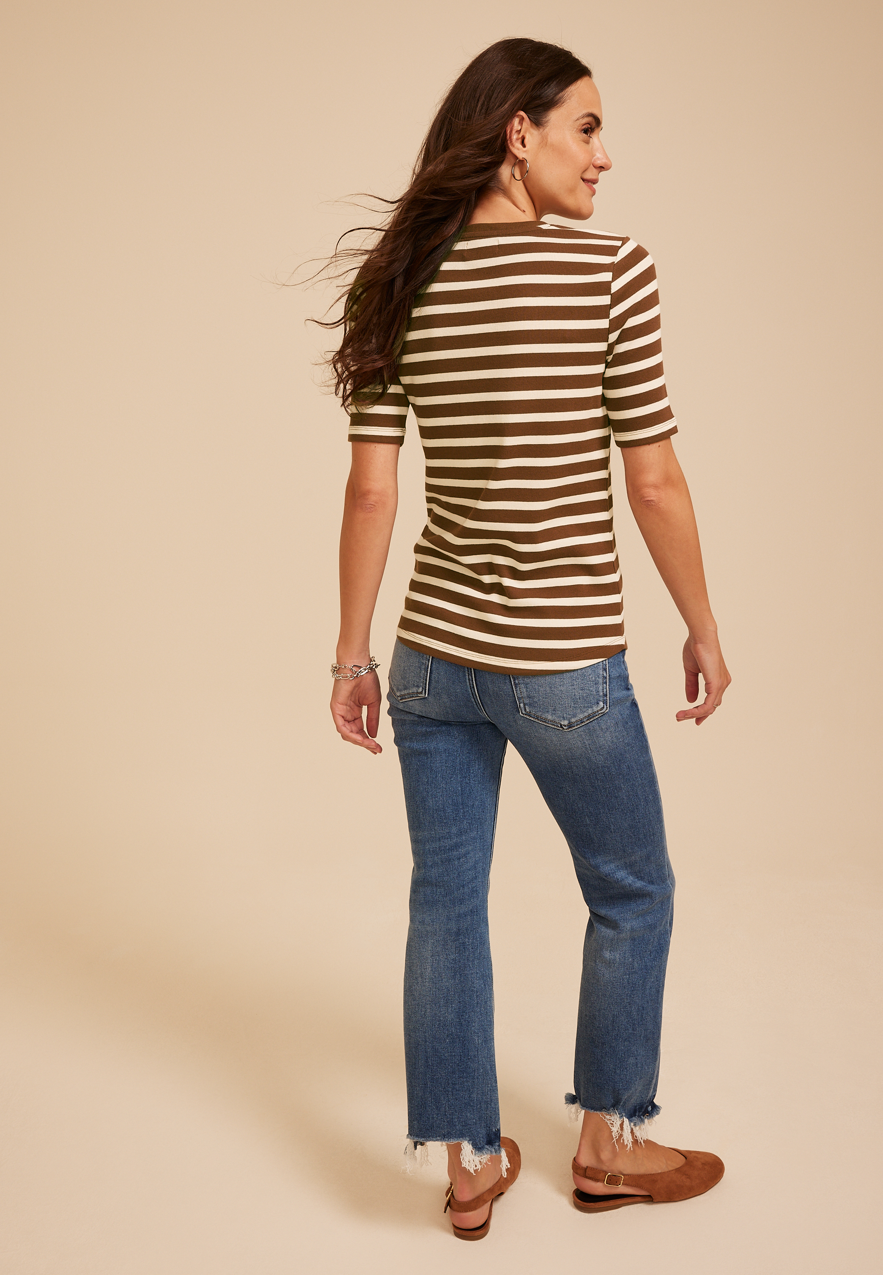 24/7 Striped Ribbed Elbow Sleeve Tee, C30, large