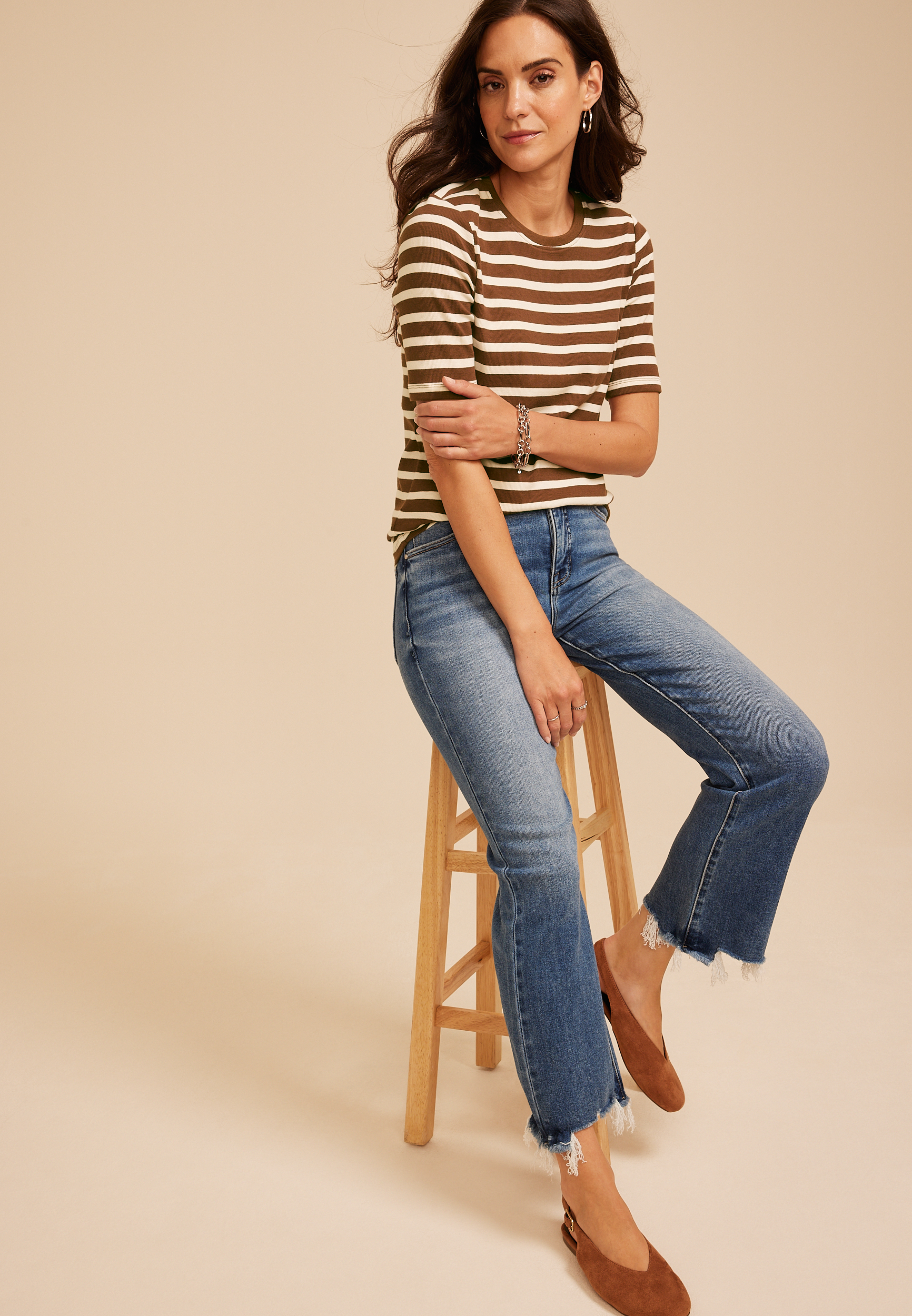 24/7 Striped Ribbed Elbow Sleeve Tee, C30, large