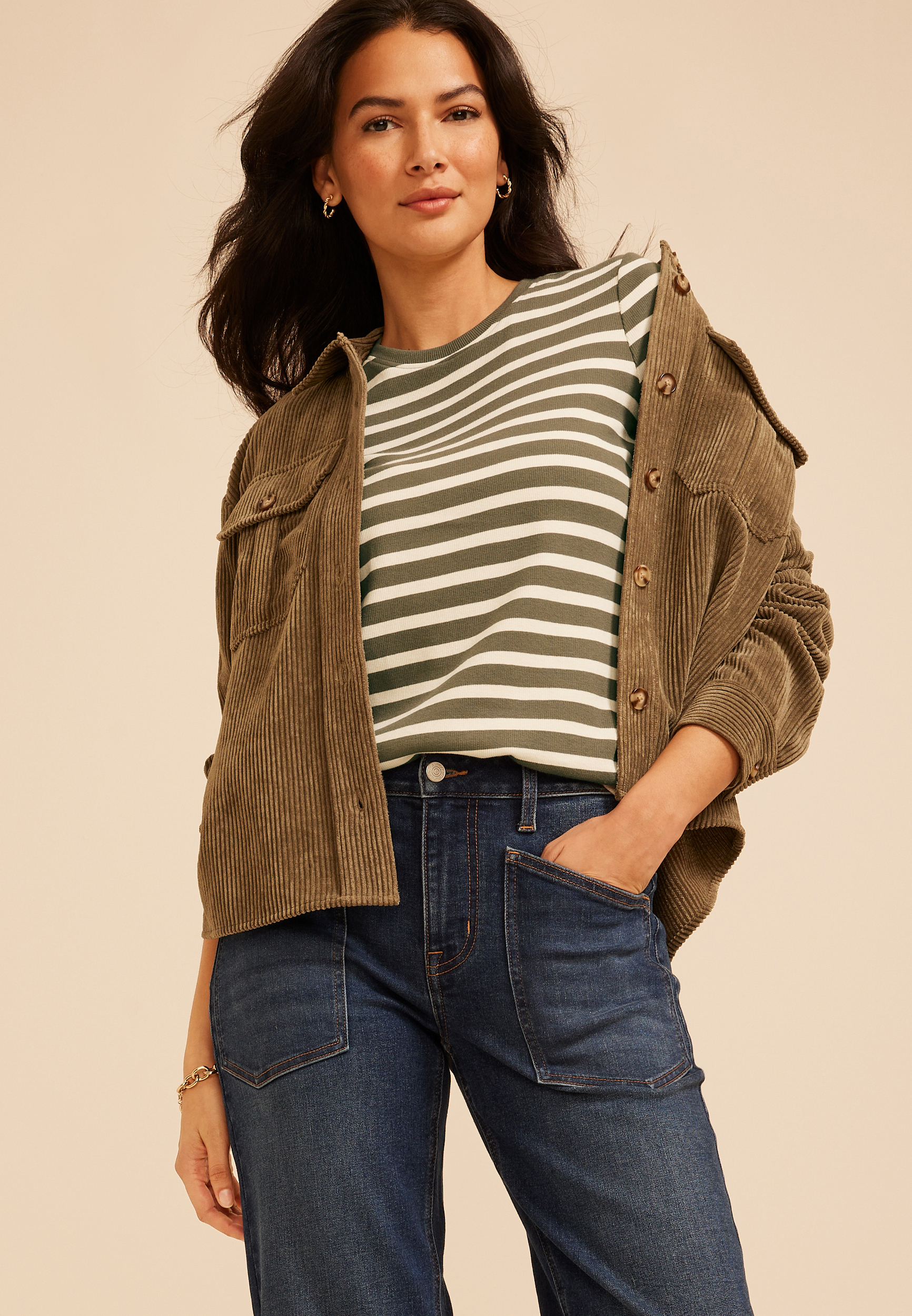 24/7 Striped Ribbed Elbow Sleeve Tee