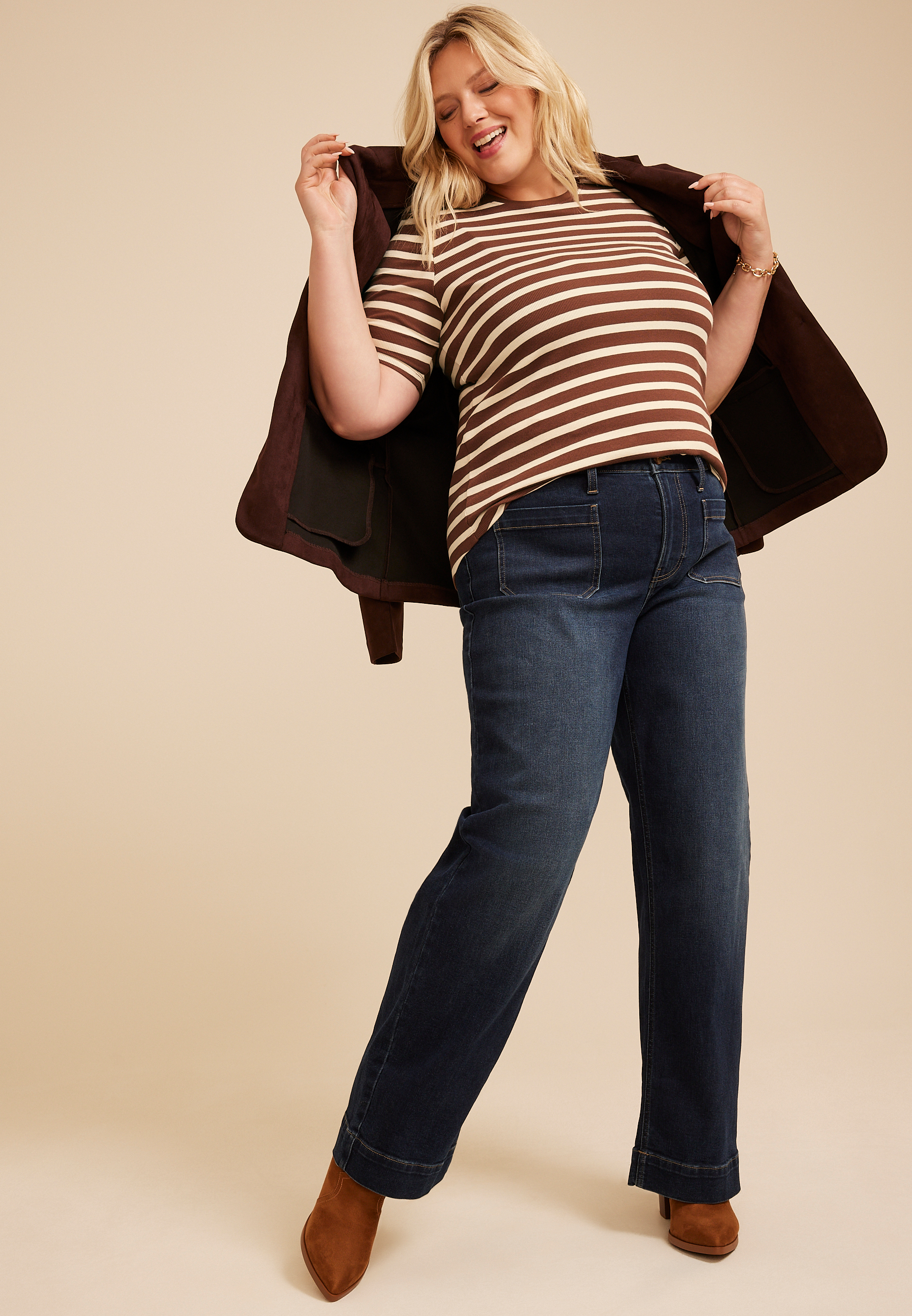 Plus 24/7 Striped Ribbed Elbow Sleeve Tee