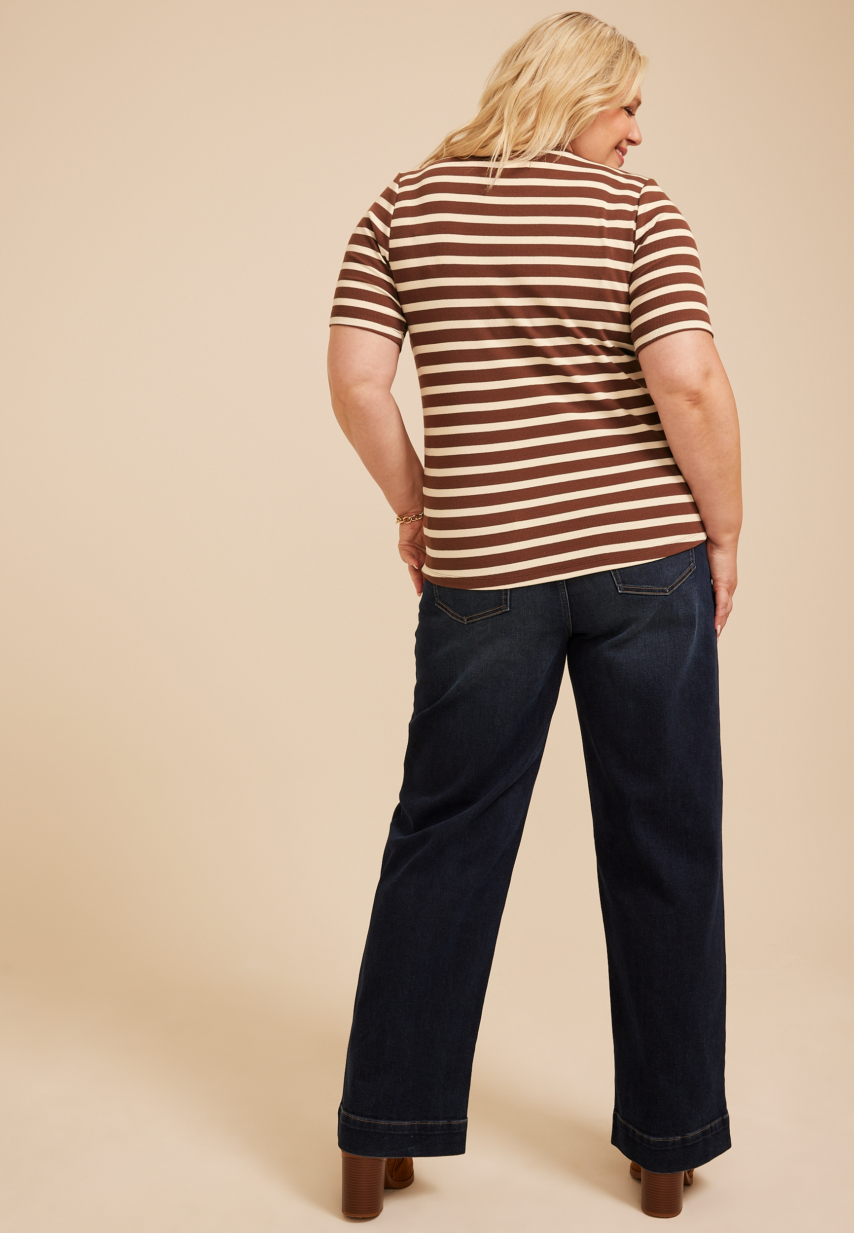 Plus Size 24/7 Striped Ribbed Elbow Sleeve Tee, C30, large