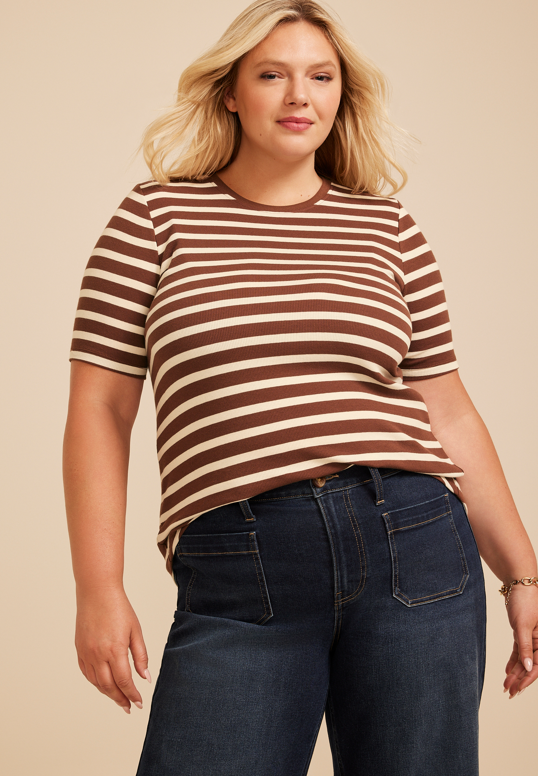 Plus Size 24/7 Striped Ribbed Elbow Sleeve Tee, C30, large
