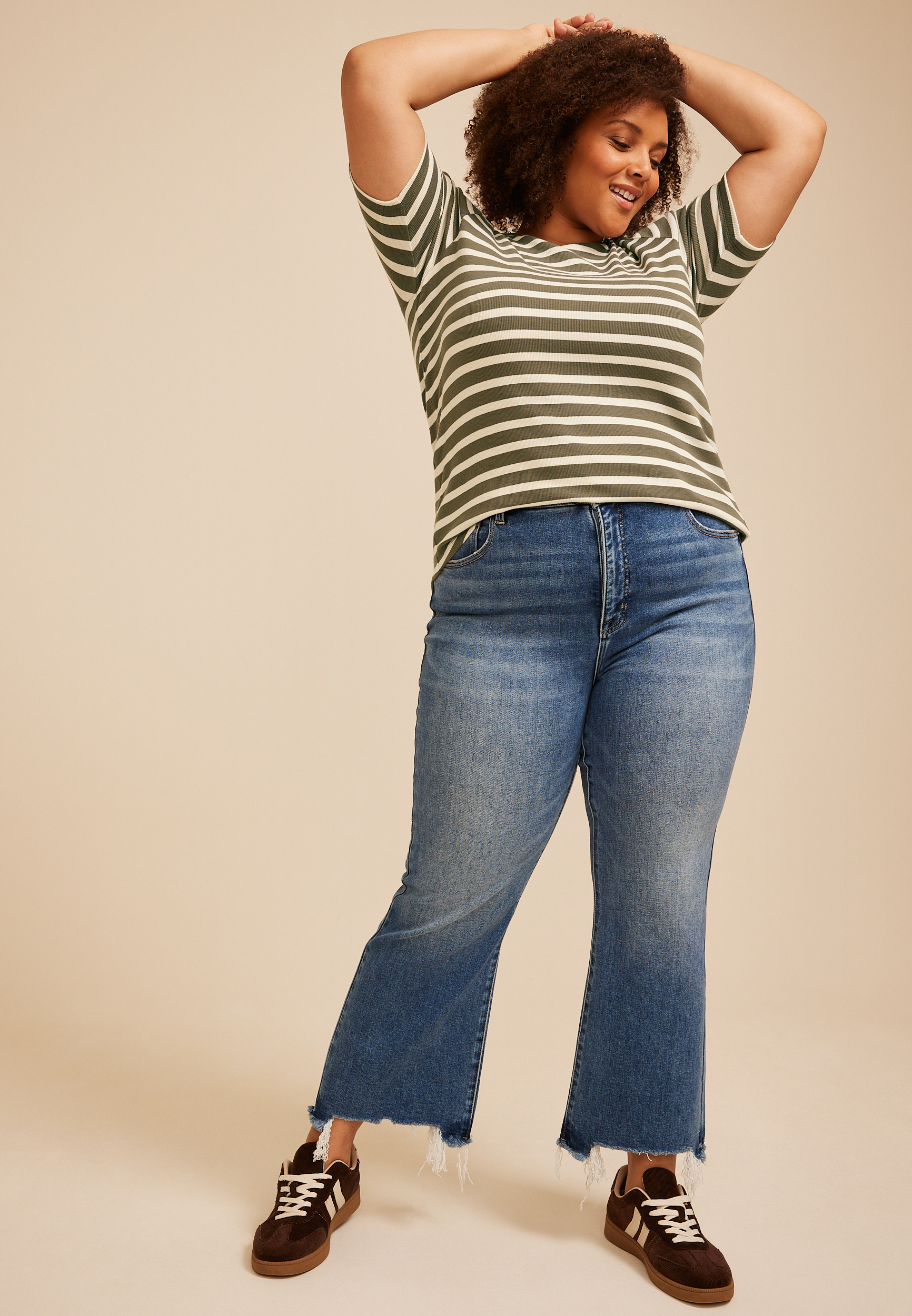 Plus Size 24/7 Striped Ribbed Elbow Sleeve Tee