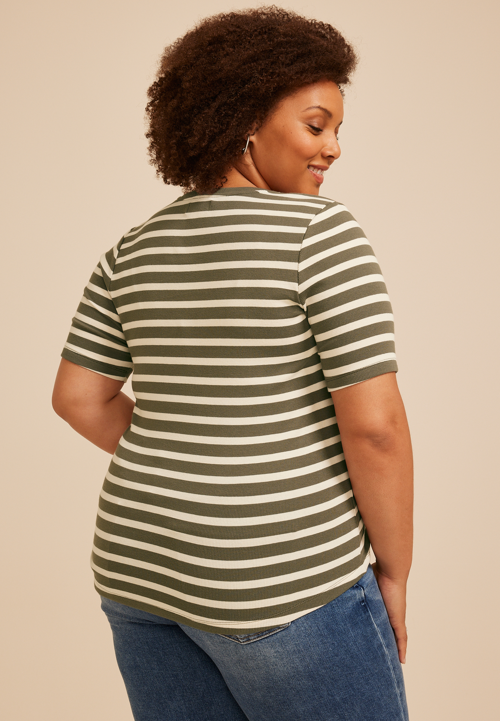 Plus Size 24/7 Striped Ribbed Elbow Sleeve Tee, C3145, large