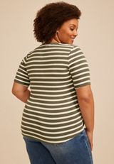 Plus Size 24/7 Striped Ribbed Elbow Sleeve Tee, C3145, small