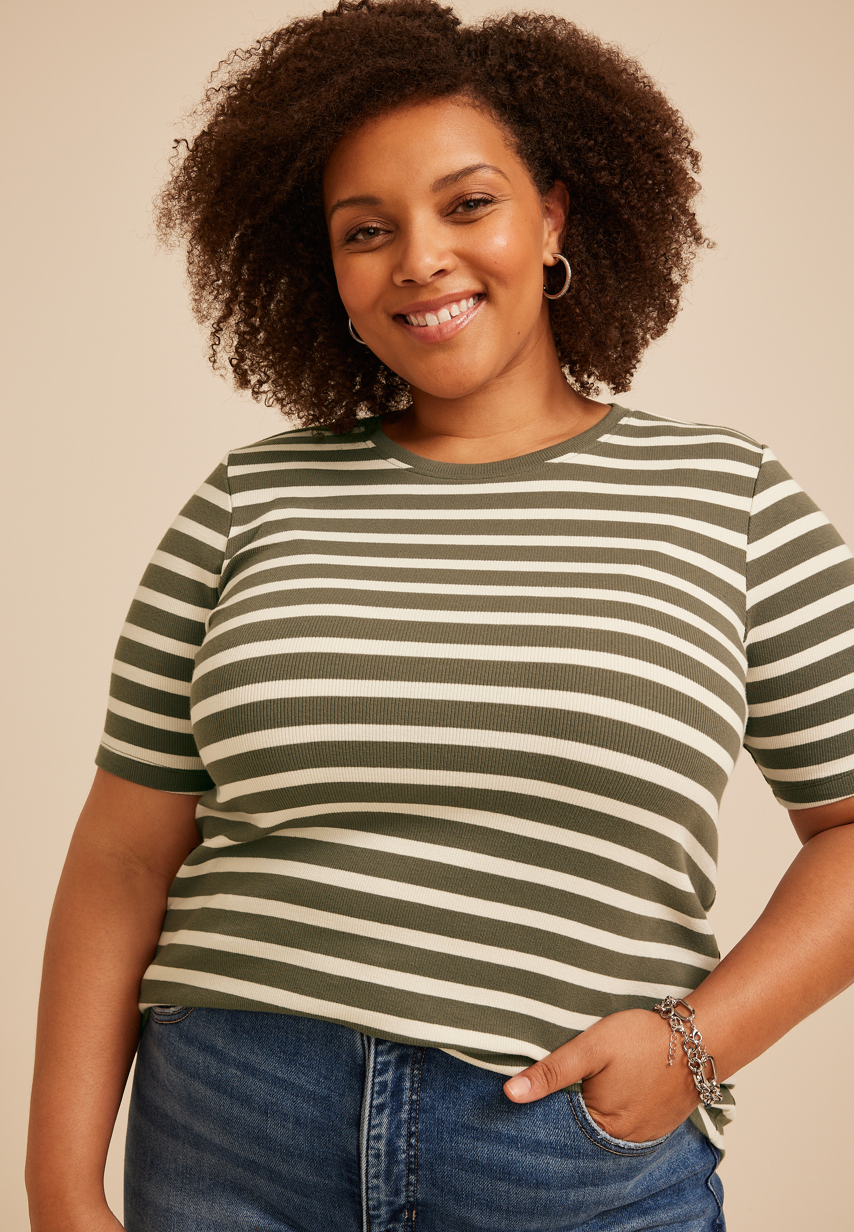 Plus Size 24/7 Striped Ribbed Elbow Sleeve Tee, C3145, large