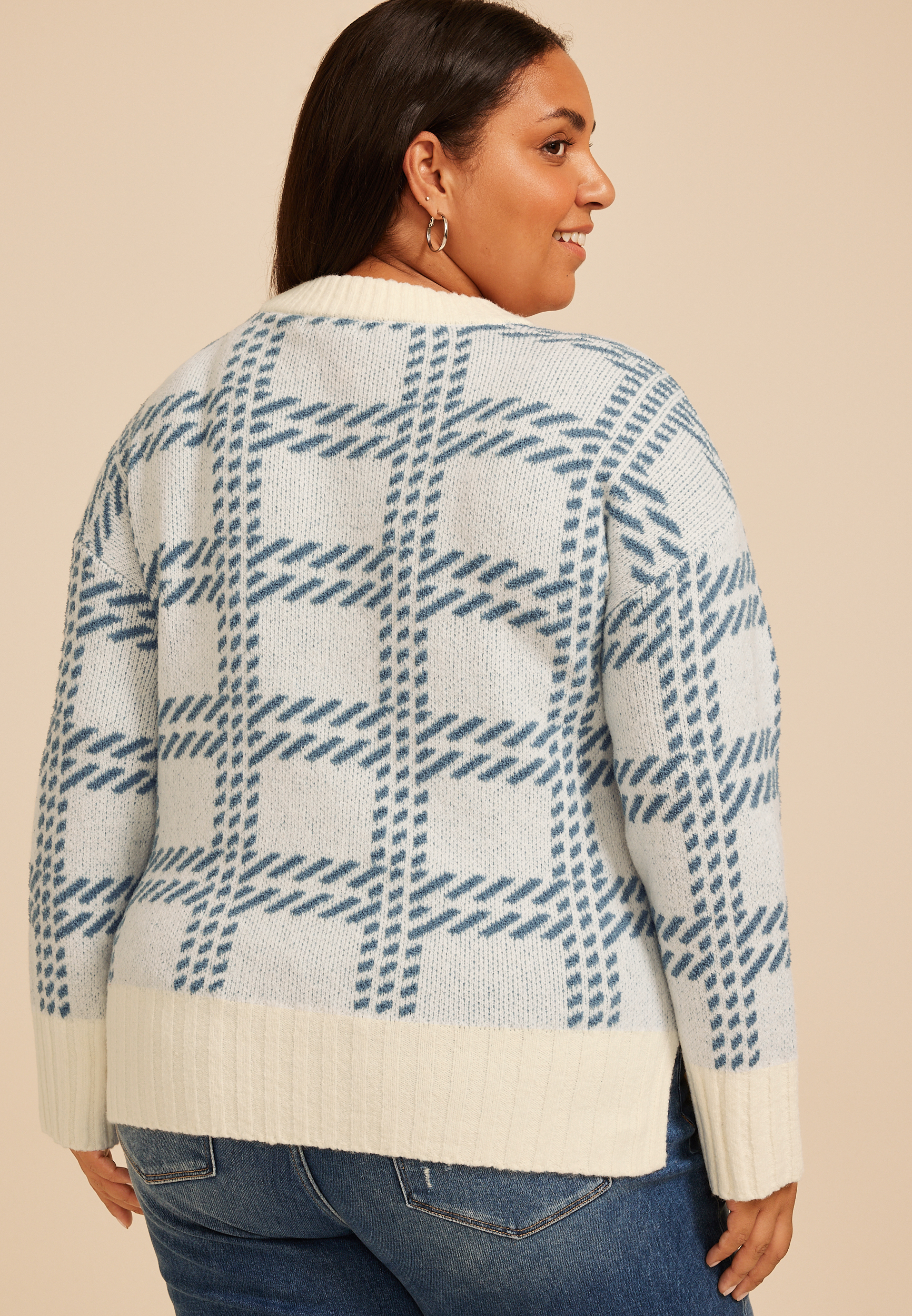 Plus Size Plaid Crew Neck Sweater, C343, large