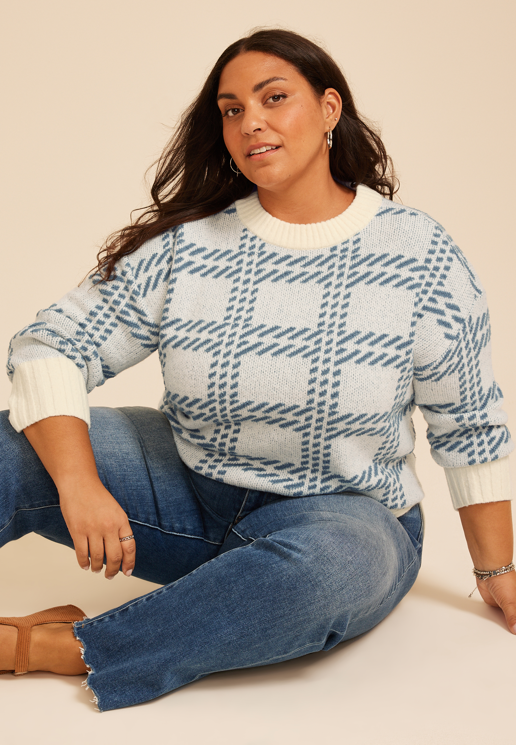 Plus Size Plaid Crew Neck Sweater, C343, large