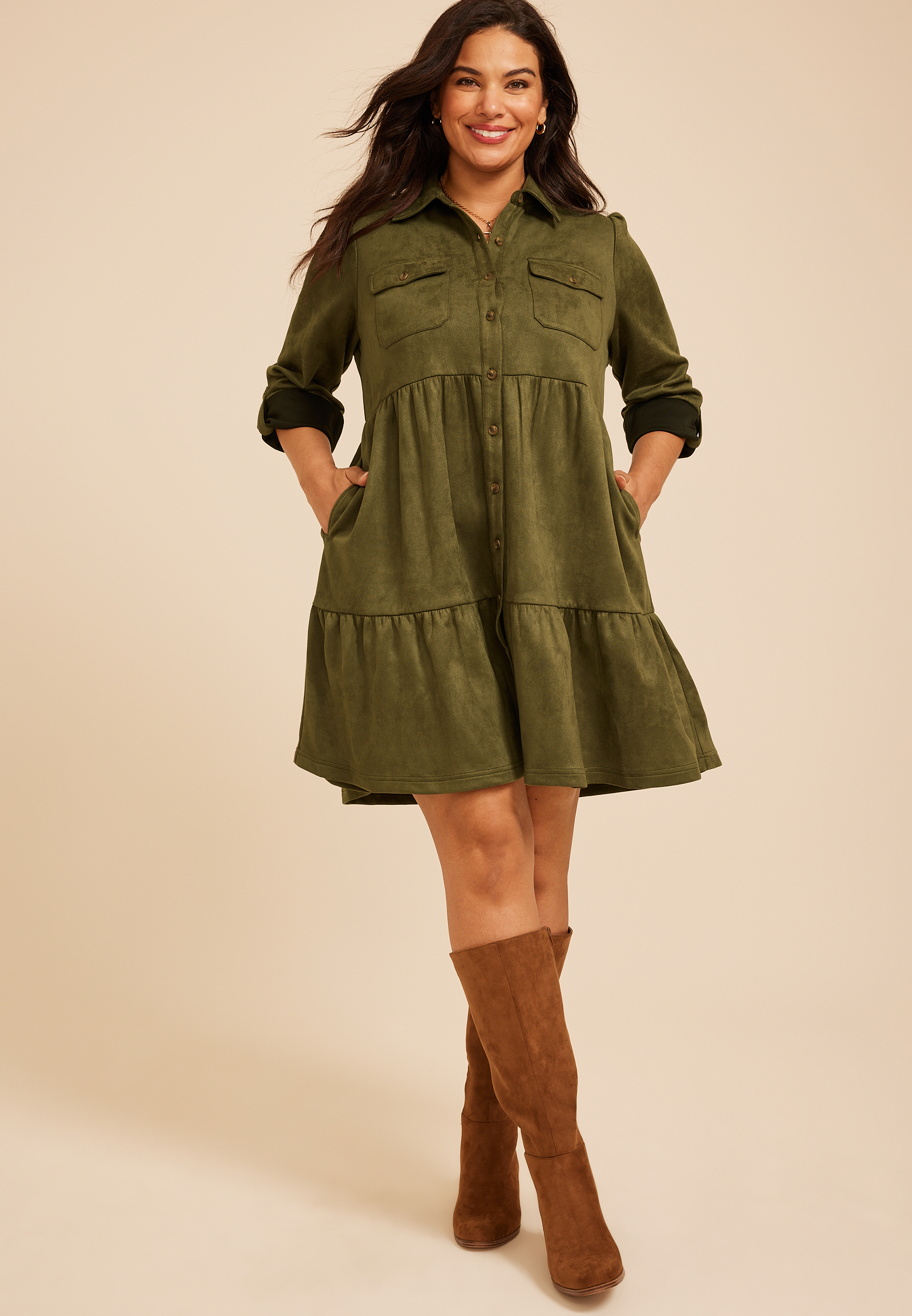 Plus Size Faux Suede Tiered Babydoll Dress